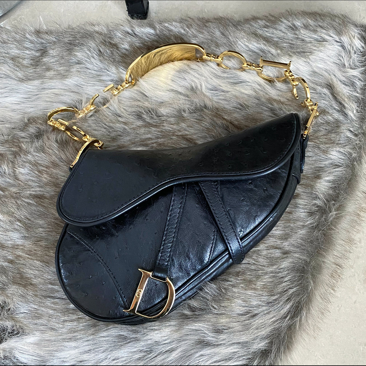 Vintage Christian Dior Galliano Black Ostrich Leather Mini Saddle Bag - Luxury Crossbody Purse for Women, Night Out & Special Occasions