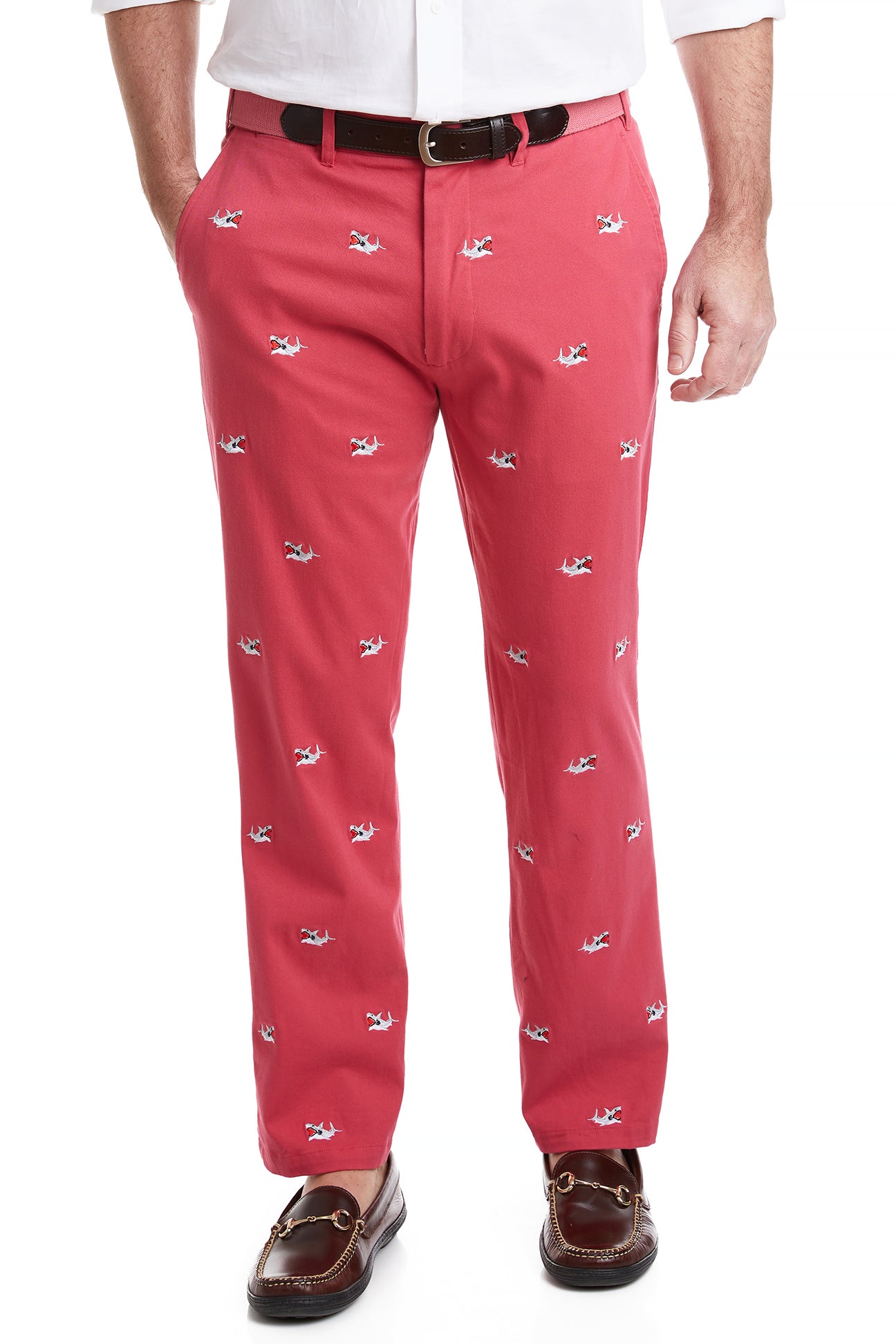 Stretch Twill Harbor Pants in Hurricane Red - Comfortable & Stylish Men's Casual Pants with Shark Print | Perfect for Outdoor Adventures, Beach Wear & Street Fashion