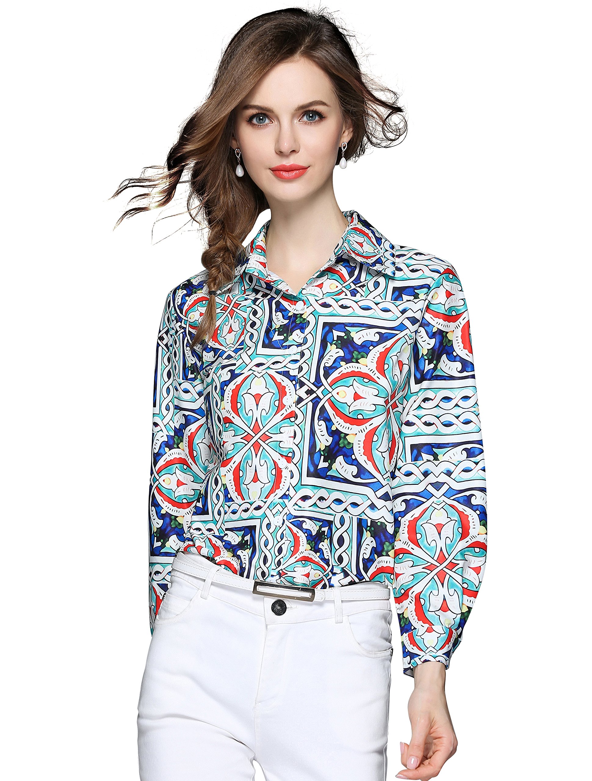 Women's Paisley Print 3/4 Sleeve Button Up Shirt - Casual & Work Blouse for Office, Date Night & Spring Outfits