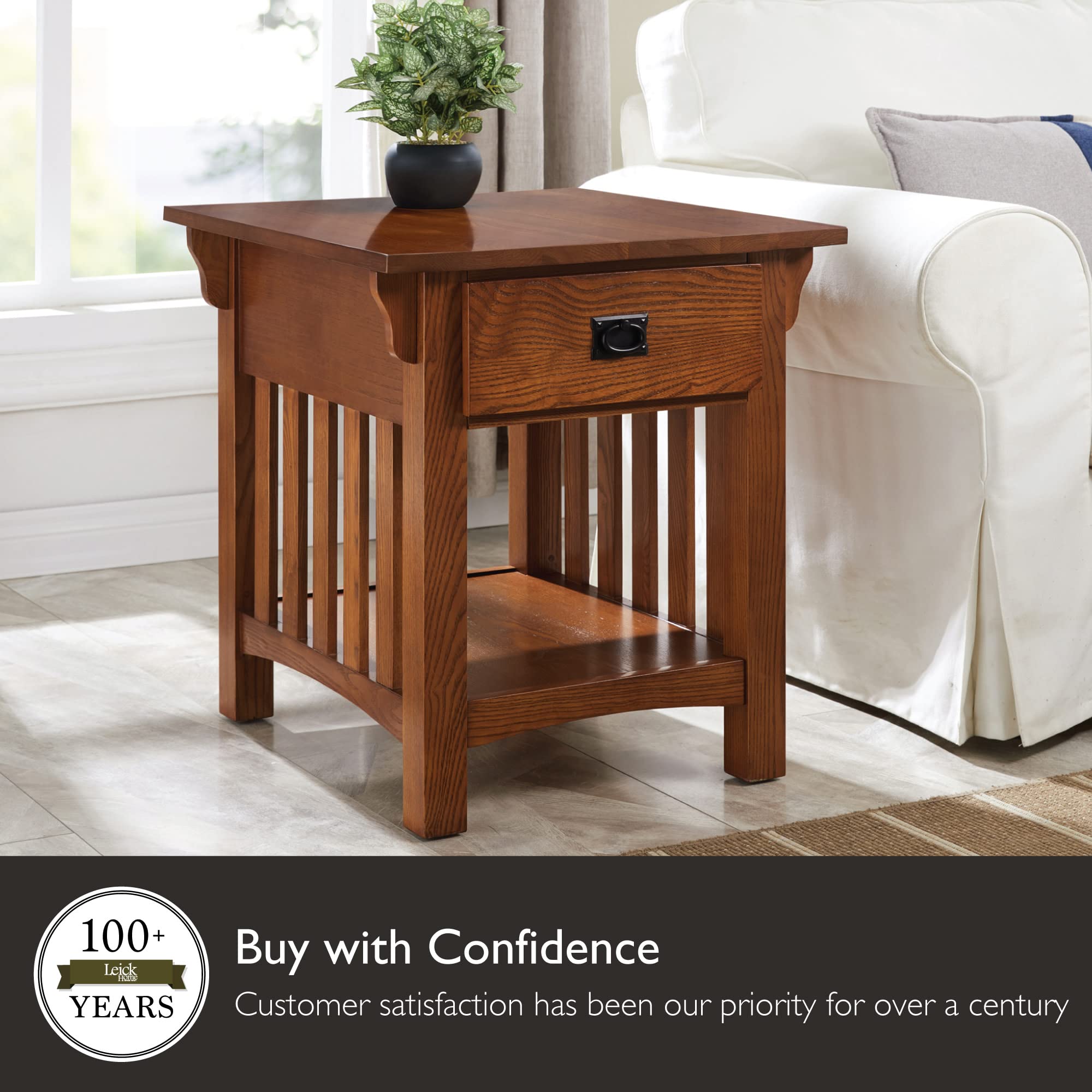 Leick Home 8222-SC Mission Style Solid Wood End Table with Locking Secret Compartment - Medium Oak Finish - Living Room Side Table for Home Decor & Storage Solutions