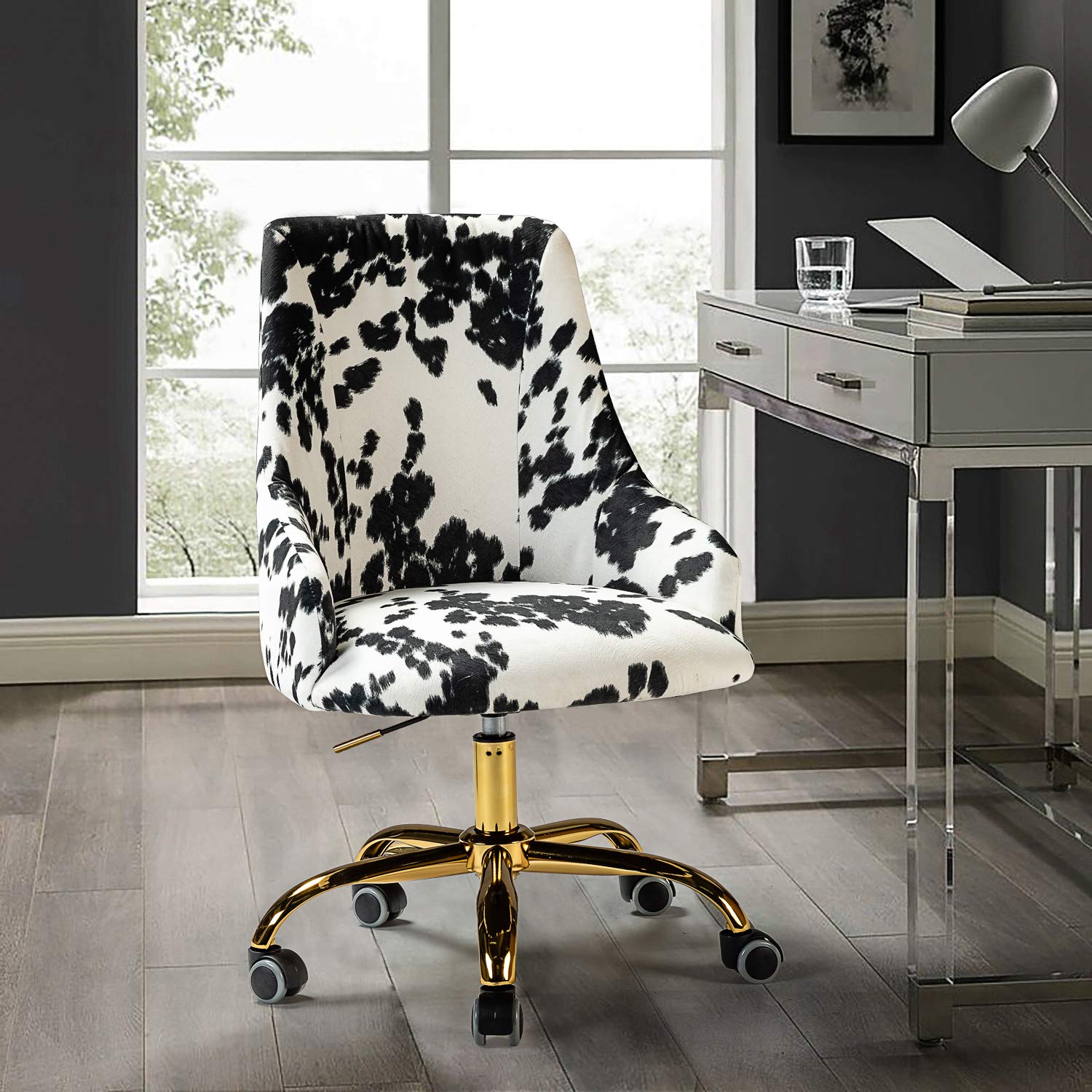HULALA HOME Modern Armless Office Chair with Wheels - Adjustable Swivel Fabric Task Chair for Living Room, Bedroom & Vanity - Ergonomic Desk Chair with Gold Base & Black Upholstery - Perfect for Home Office, Gaming & Study Spaces