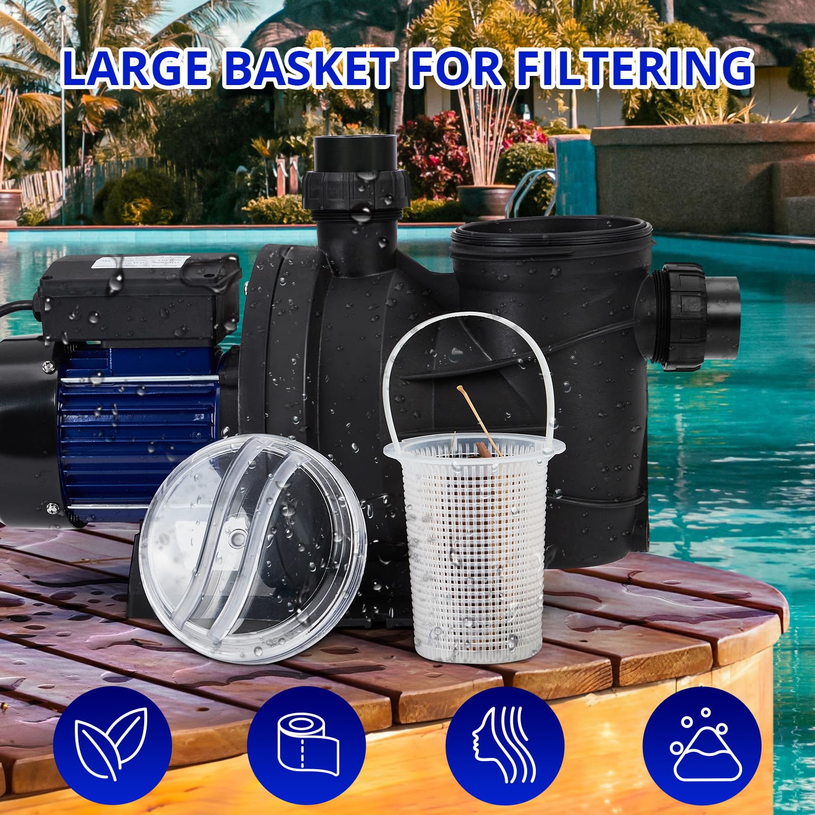1.1HP In-Ground & Above-Ground Pool Pump - 800W 115V High Flow Swimming Pool Pump (3962GPH) with Self-Priming & Filter Basket - Low Noise Energy Efficient Water Pump for Home, Backyard, and Commercial Pools