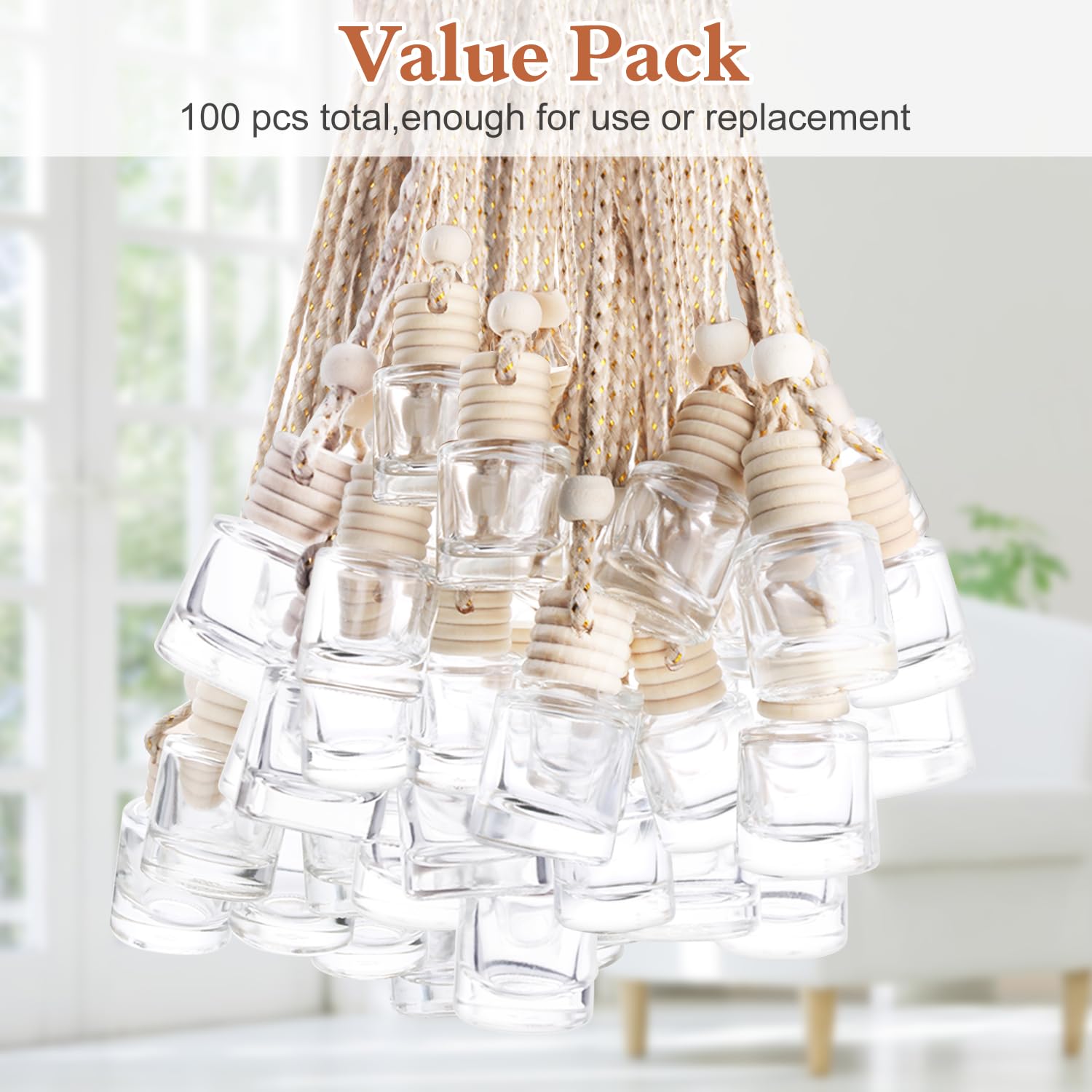 100 Pack Empty Round Glass Hanging Car Air Freshener Diffuser Bottles - Essential Oil Aromatherapy Perfume Pendant for Home, Office, Car Decor and Fragrance Dispensing
