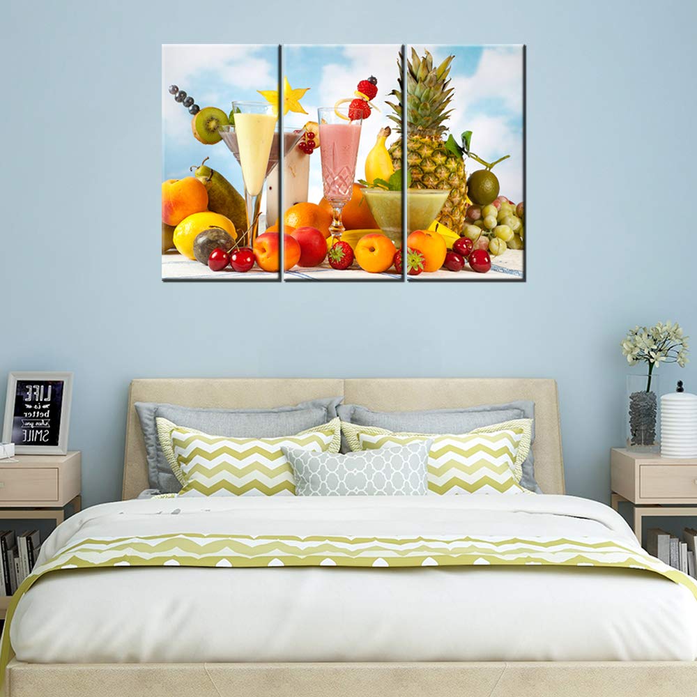 Vibrant Canvas Wall Art - Summer Fruits Painting, Fresh Food & Dessert Print, Modern Home Decor for Living Room, Blue Skyline Design, Wooden Framed Ready to Hang 3-Panel Set (42Wx28H inches) - Perfect for Kitchen, Dining Room or Bedroom Decoration