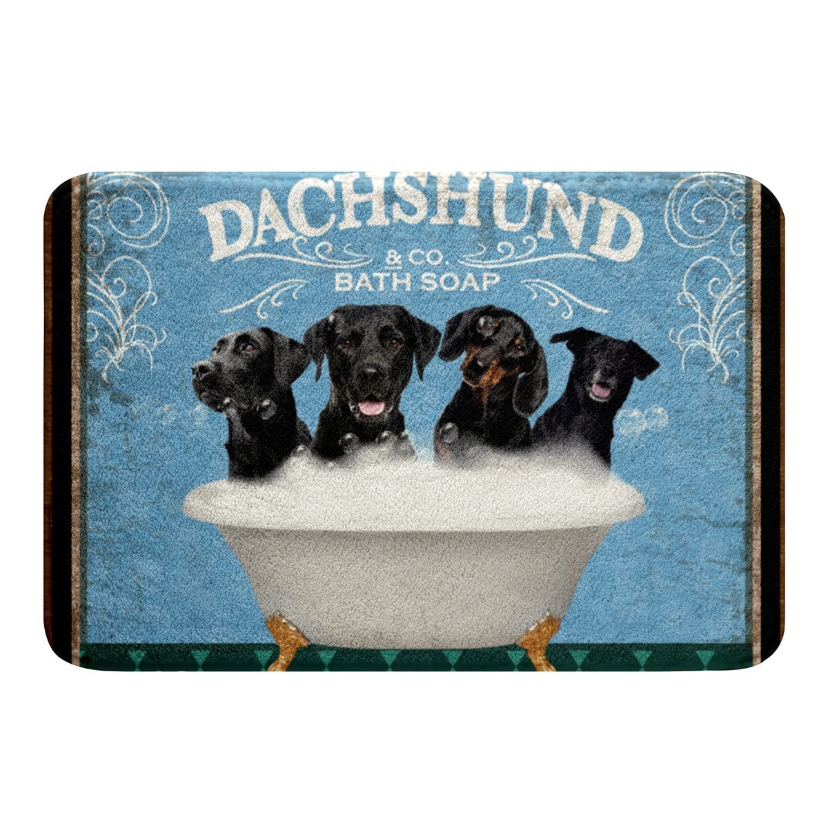 Non-Slip Funny Dachshund Dog Bath Mat - Vintage Cute Puppy Bathroom Rug for Kids Boys & Girls - Blue Green Diamond Geometric Pet Bath Mat 20x32 Inches - Perfect for Farmhouse Style Bathrooms & Pet-Friendly Homes