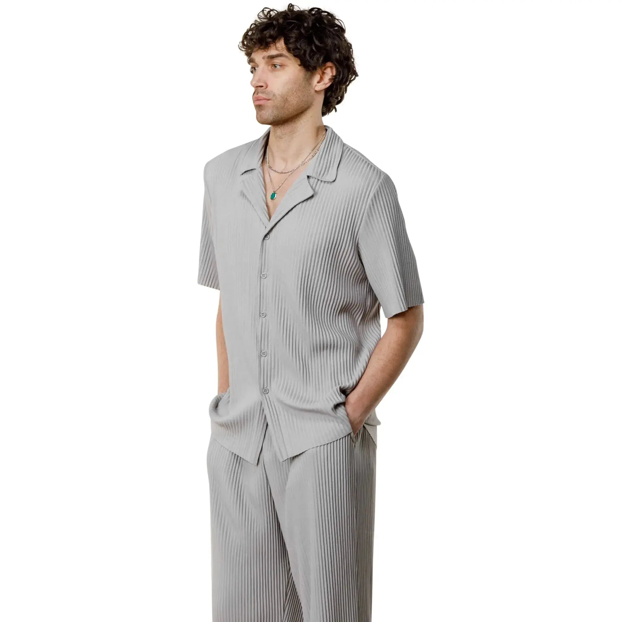 Belier Pleated Light Grey Resort Shirt & Shorts Set - Stylish Summer Vacation Outfit for Men, Beachwear, Tropical Holiday, Poolside Lounge & Casual Wear