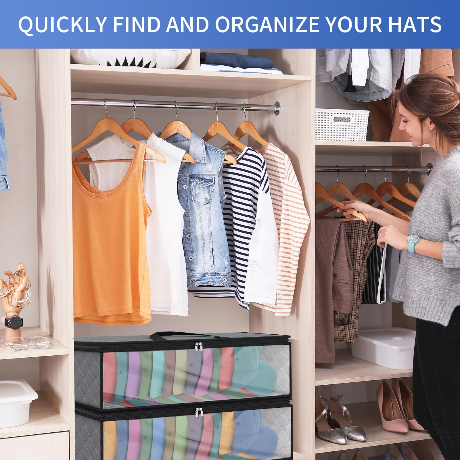 Fixwal 2-Pack Grey Hat Storage Organizer - Baseball Cap Holder Case with Dustproof & Moisture-Proof Design, 2 Carry Handles for Closet - Holds Up to 20 Hats | Perfect for Travel, Sports Gear & Home Organization