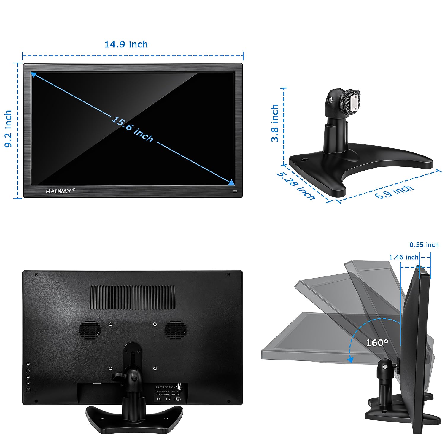 15.6 Inch HD Security Monitor with HDMI/BNC/VGA/AV/USB Ports & Built-in Speakers - 1366x768 Resolution CCTV Display for PC, Laptop, Home Office & Warehouse Surveillance