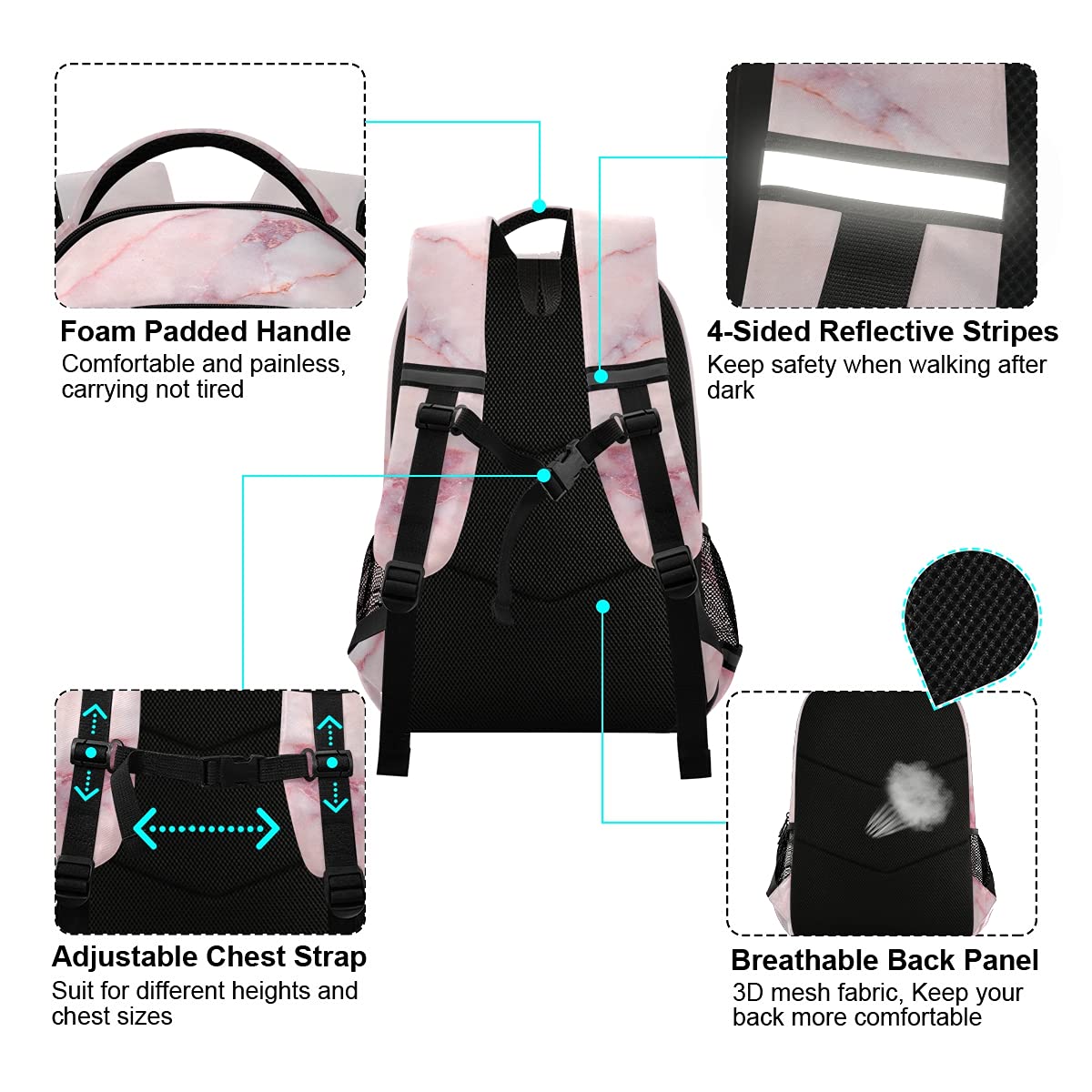 Pink Marble Laptop Backpack with Chest Strap - Durable School & Travel Backpack for Boys & Girls - Perfect for Hiking, College & Daily Use