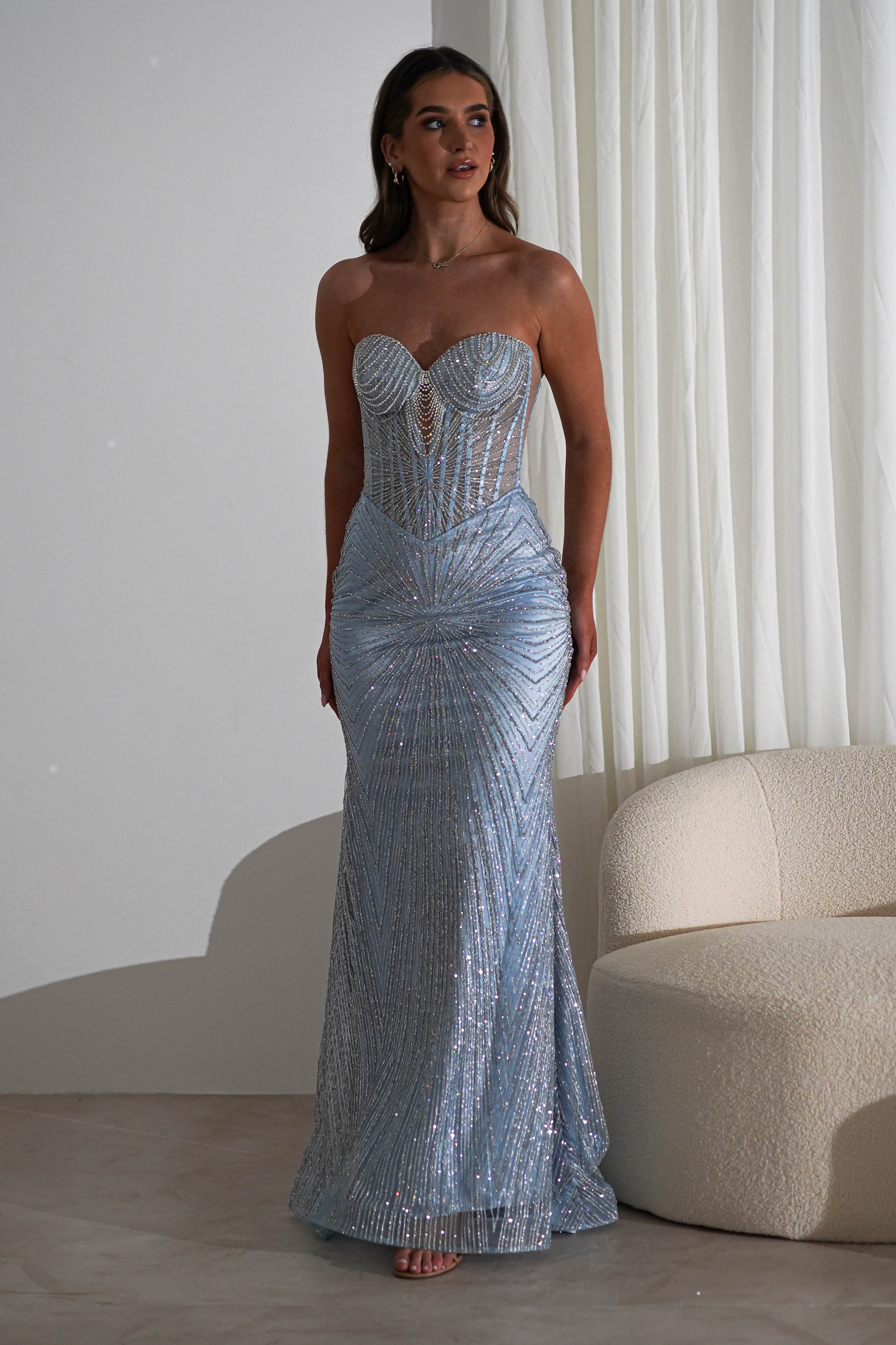 Elyse Glitter Strapless Evening Gown - Light Blue & Silver Sequin Prom Dress for Formal Events & Parties