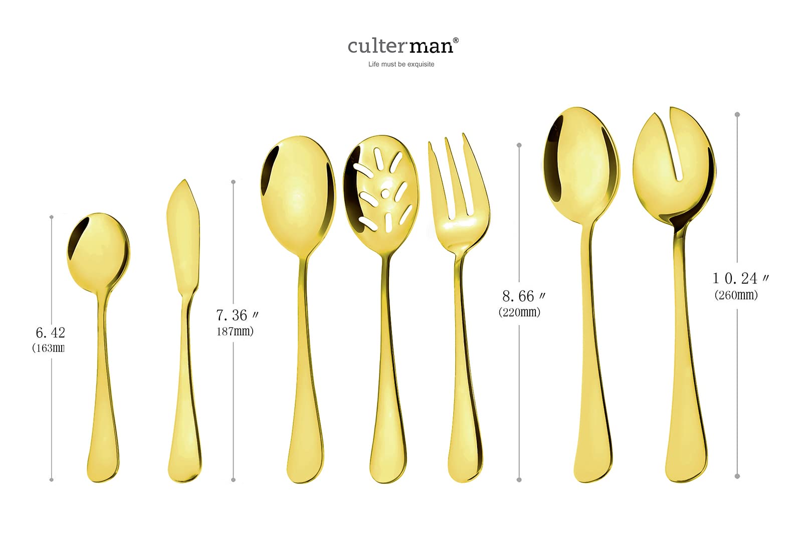 Premium 24K Gold-Plated Stainless Steel Flatware Set - 7-Piece Hostess Serving Utensils Including Salad Spoon, Fork & Knife - Elegant Dinnerware for Parties, Weddings & Formal Dining - Dishwasher Safe Luxury Cutlery
