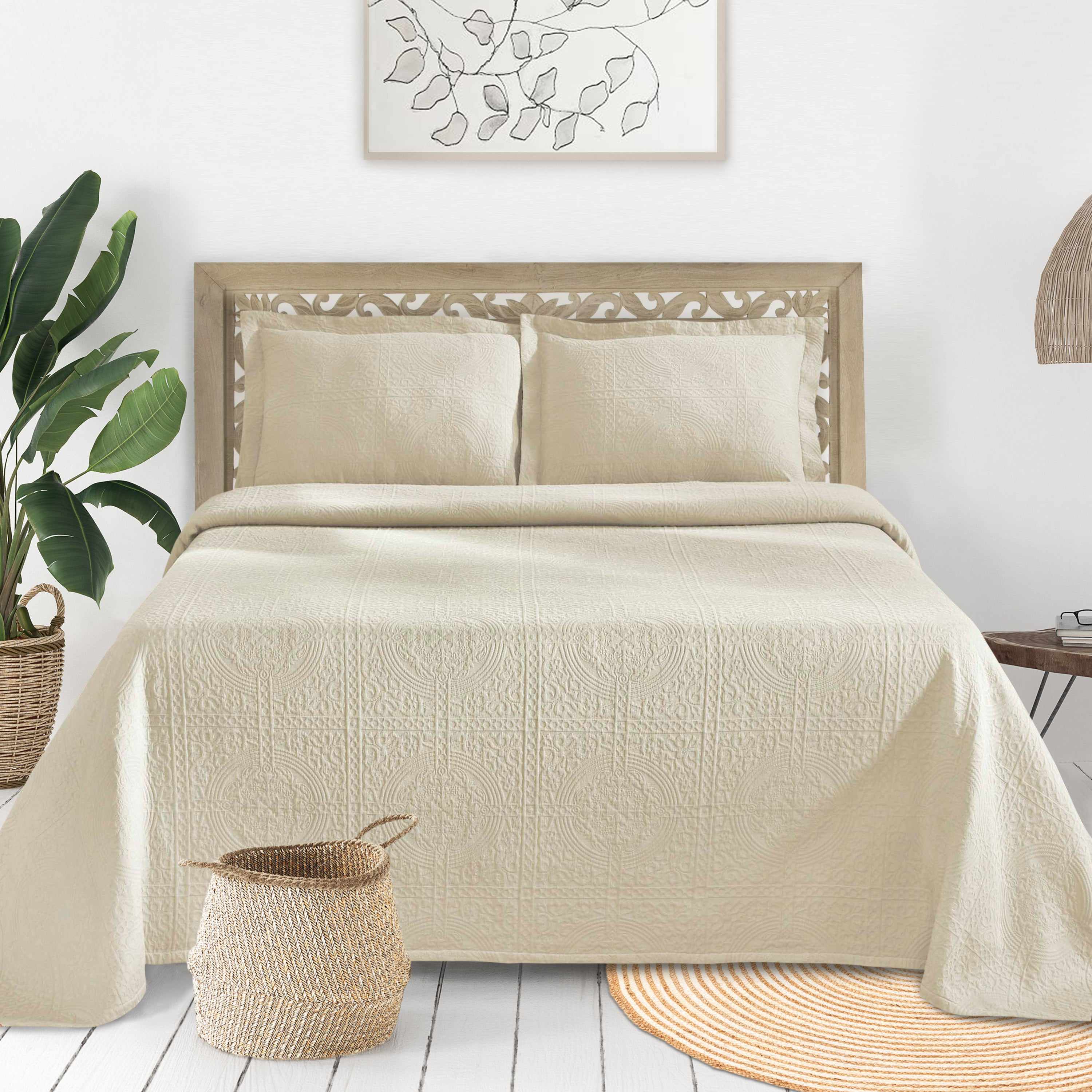 100% Cotton Jacquard Matelassé Fleur De Lis Bedspread Set - Luxury Queen Size Bedding Coverlet with Elegant Floral Design - Perfect for Master Bedroom, Guest Room & Hotel Decor