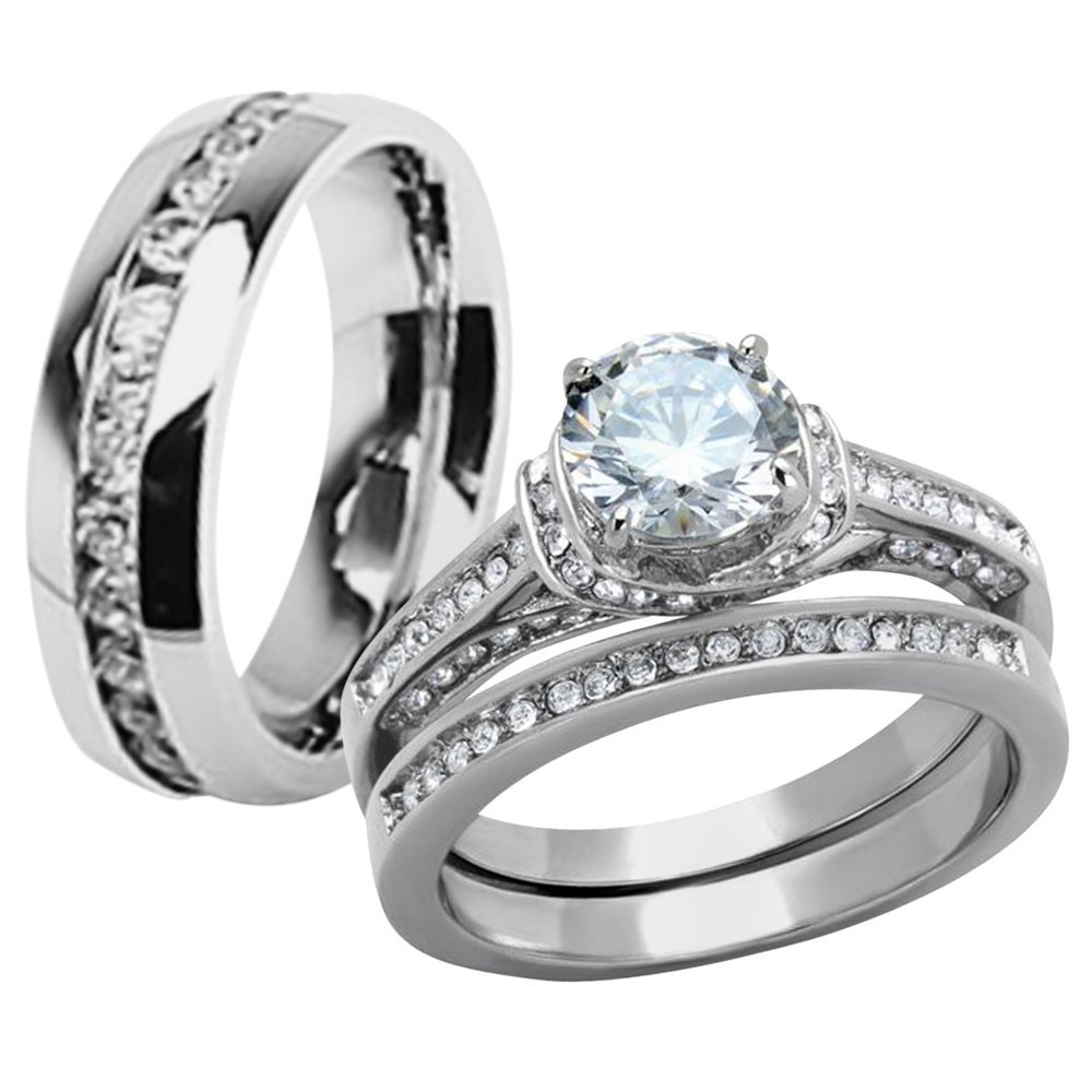 His & Hers Stainless Steel Wedding Ring Set - 3 Piece Cubic Zirconia Band & Eternity Ring for Couples | Perfect for Anniversaries, Engagements & Romantic Gifts