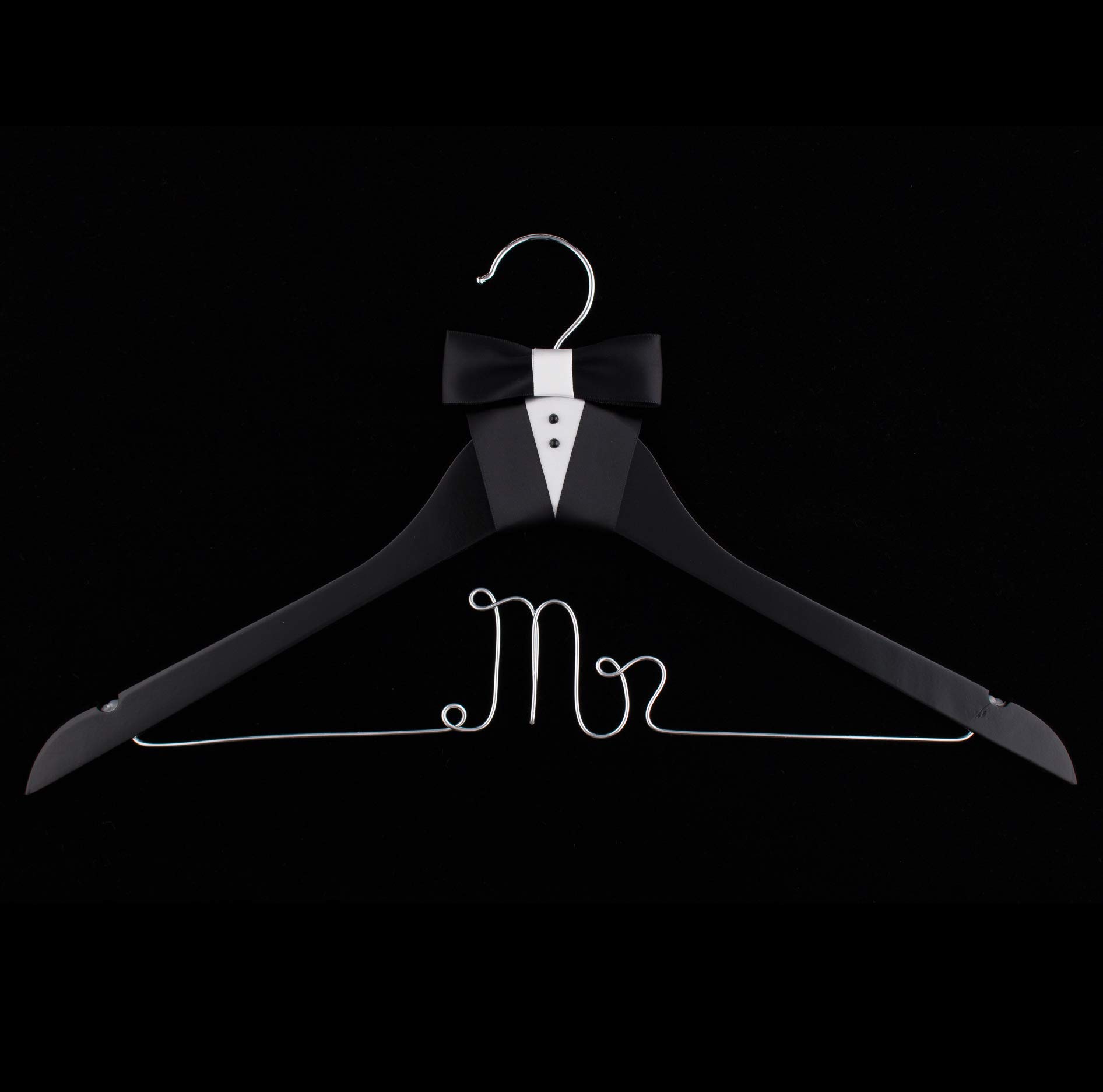 Elegant Black Wooden & Silver Wire Wedding Groom Hanger for Tuxedo or Suit - Mr. Groom's Closet Essential - Perfect for Wedding Day, Bridal Shower & Anniversary Celebrations