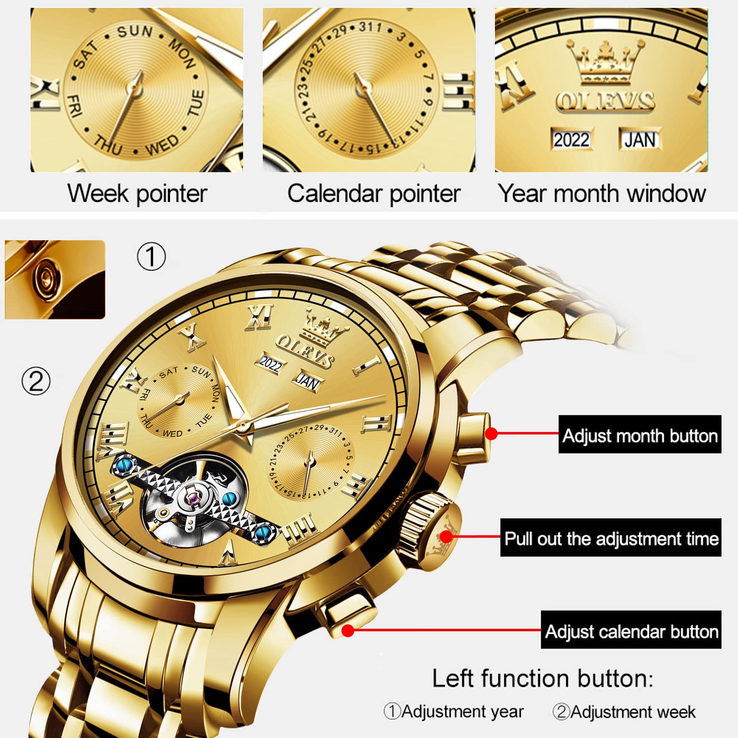 OLEVS Automatic Self-Winding Men's Watch - Stainless Steel Tourbillon Mechanical Watch with Luminous Hands, Waterproof Luxury Dress Watch for Business & Formal Occasions