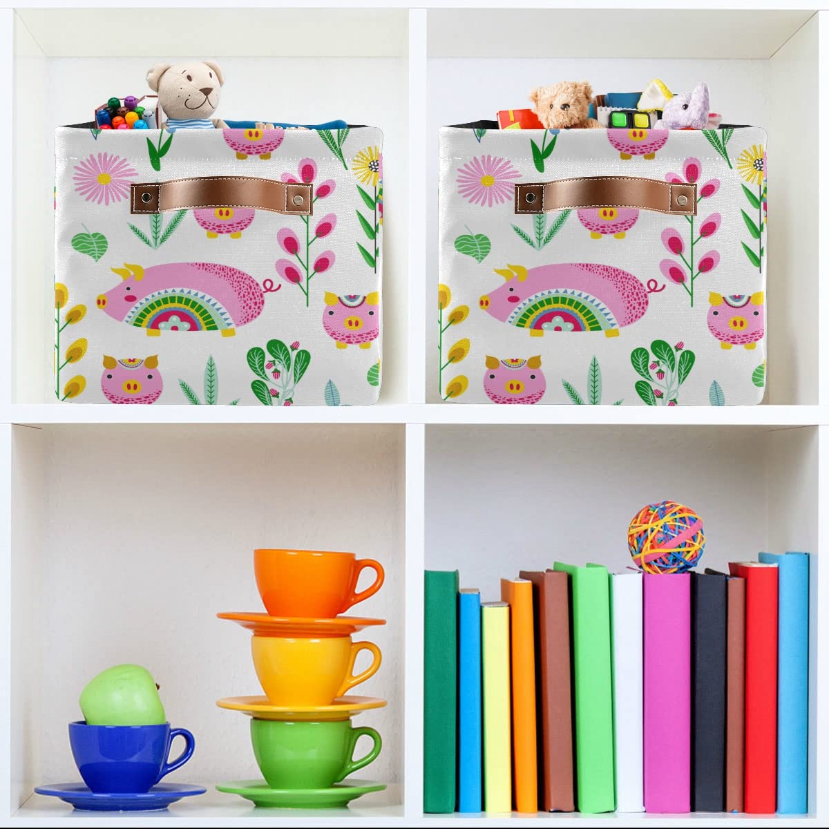 Stylized Pigs & Flowers Foldable Fabric Storage Bins - Large Capacity Closet Organizers with Reinforced Handles (2-Pack) - Perfect for Bedroom, Closet, Nursery & Kids Room Organization