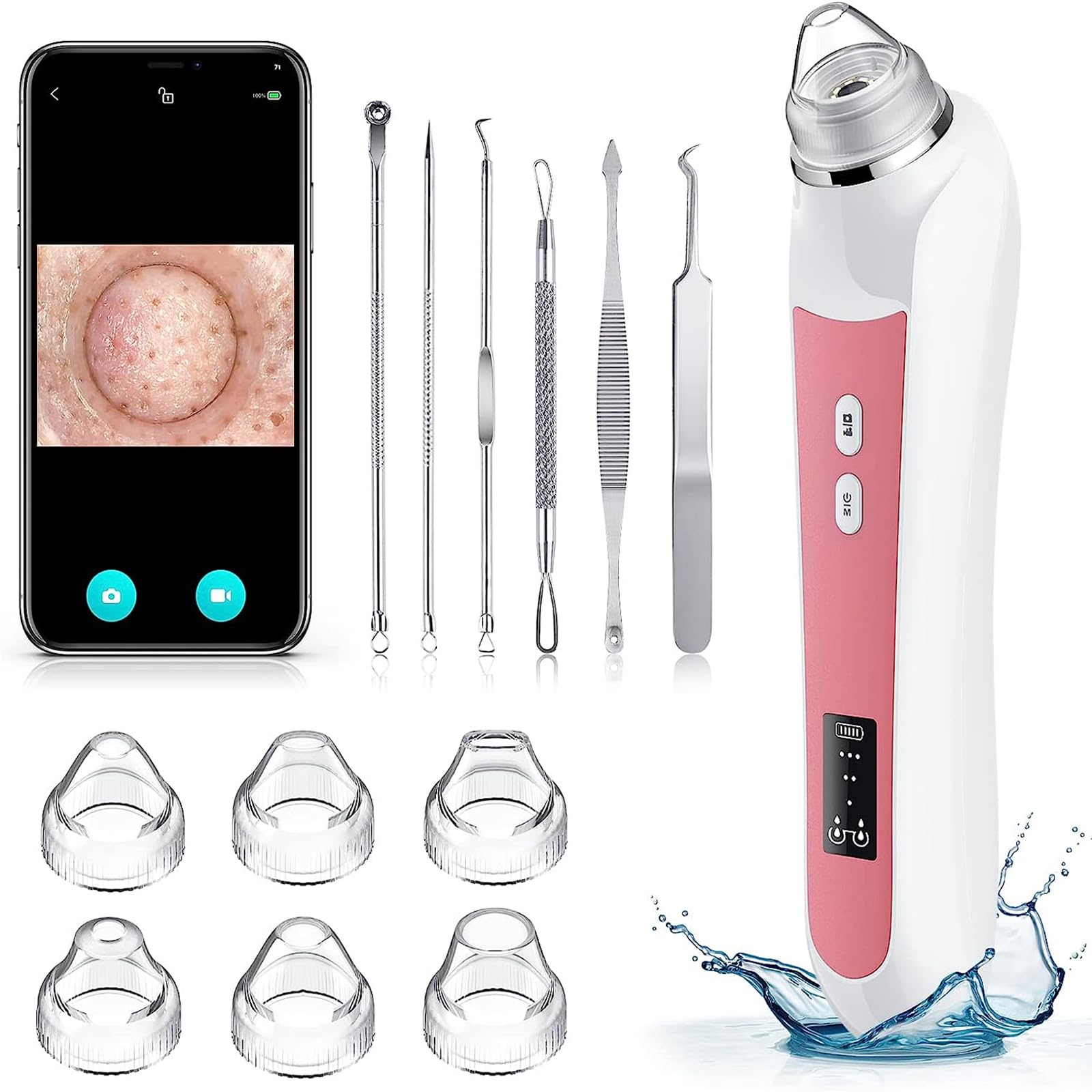 USB Blackhead Remover Vacuum with Camera - 3 Modes & 6 Heads for Deep Pore Cleaning at Home (Light Pink)