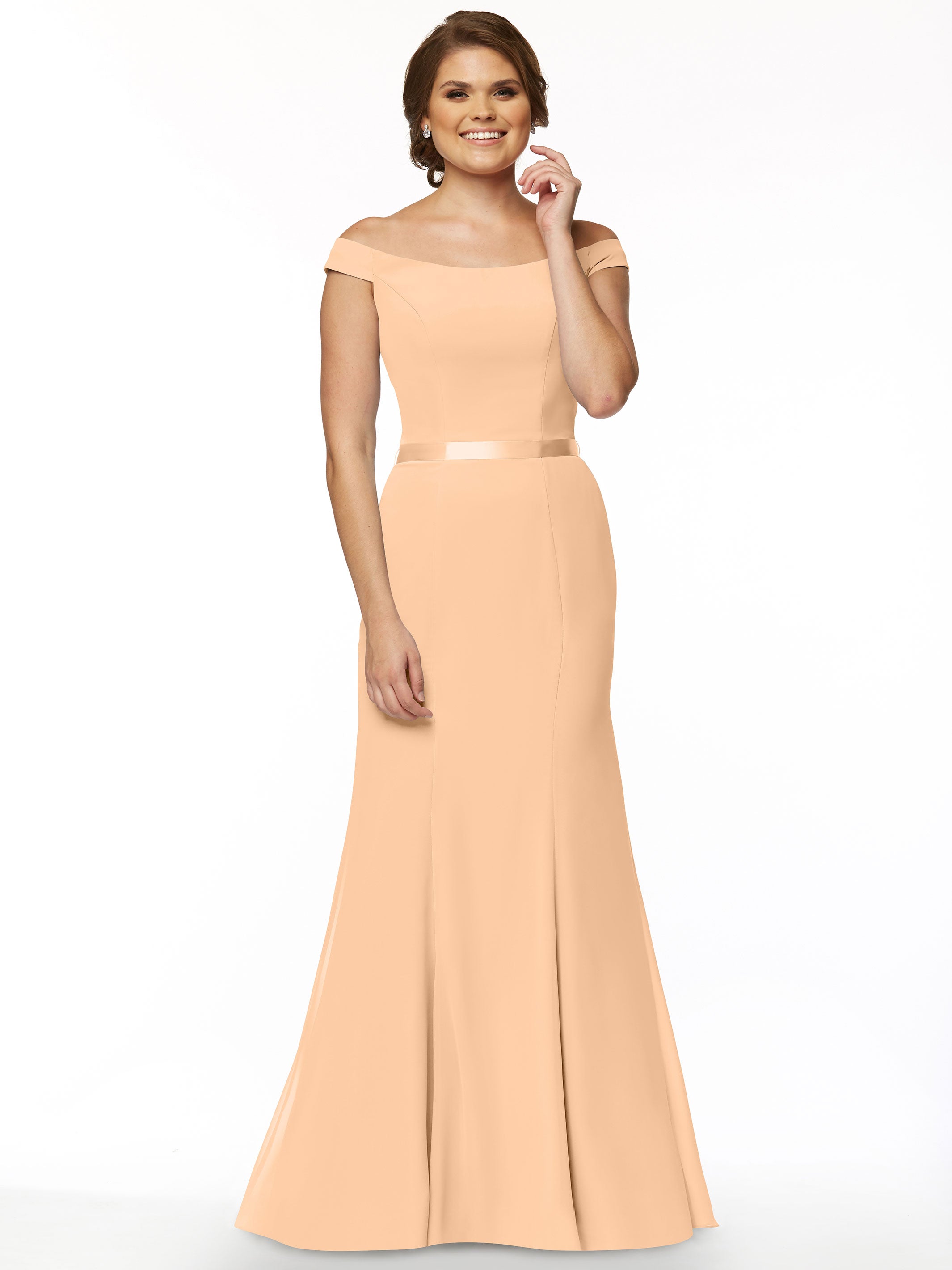 Elegant Off-The-Shoulder Chiffon Bridesmaid Dress with Ribbon Belt - A-Line Fit & Flare Design for Weddings, Parties & Special Occasions
