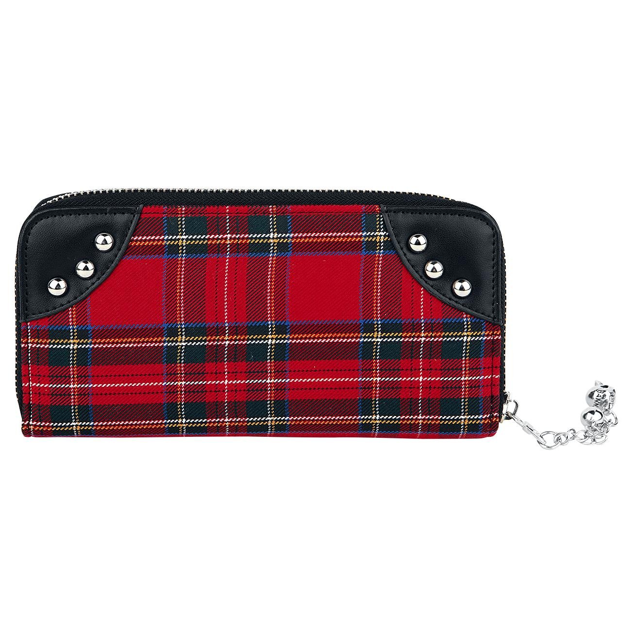 Lost Queen Red Tartan Plaid Punk Wallet with Skull Charm & Handcuff Design - Zip Around Clutch for Gothic Fashion, Rock Concerts & Alternative Lifestyle