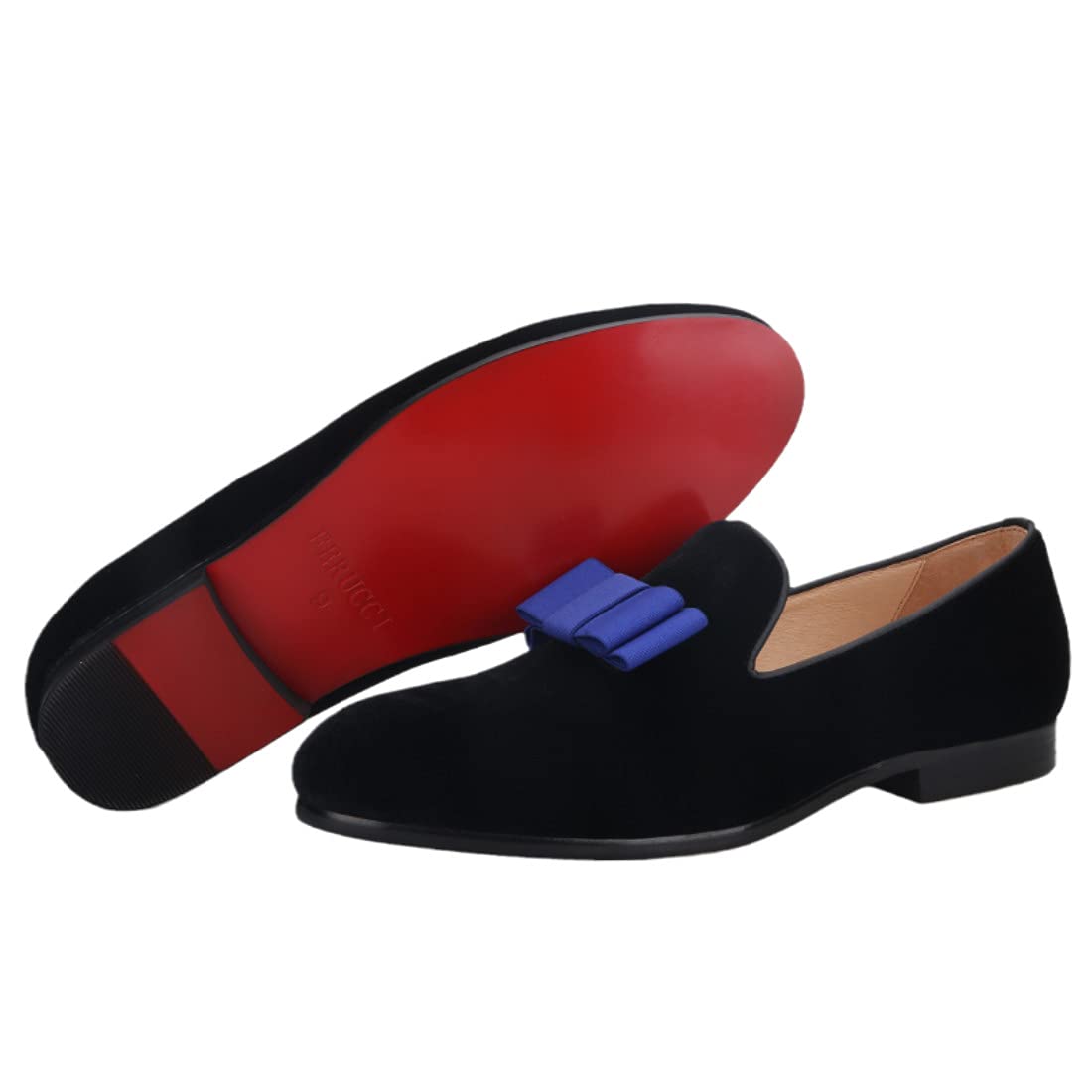 FERUCCI Men's Black Velvet Loafers with Blue Bow Tie - Formal Dress Shoes for Wedding, Prom, Party & Special Occasions