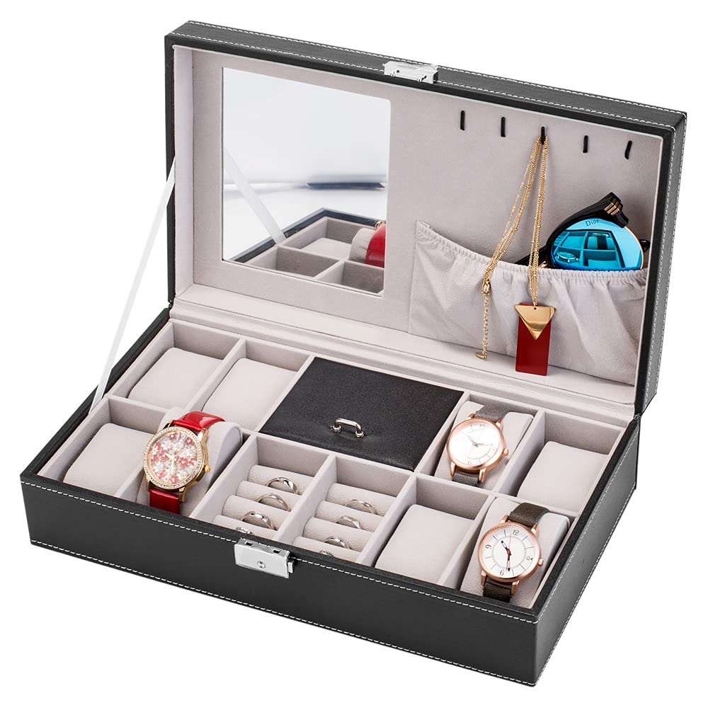8-Slot Leather Watch Box with Lock & Mirror - Jewelry Organizer for Men & Women - Perfect for Travel & Display