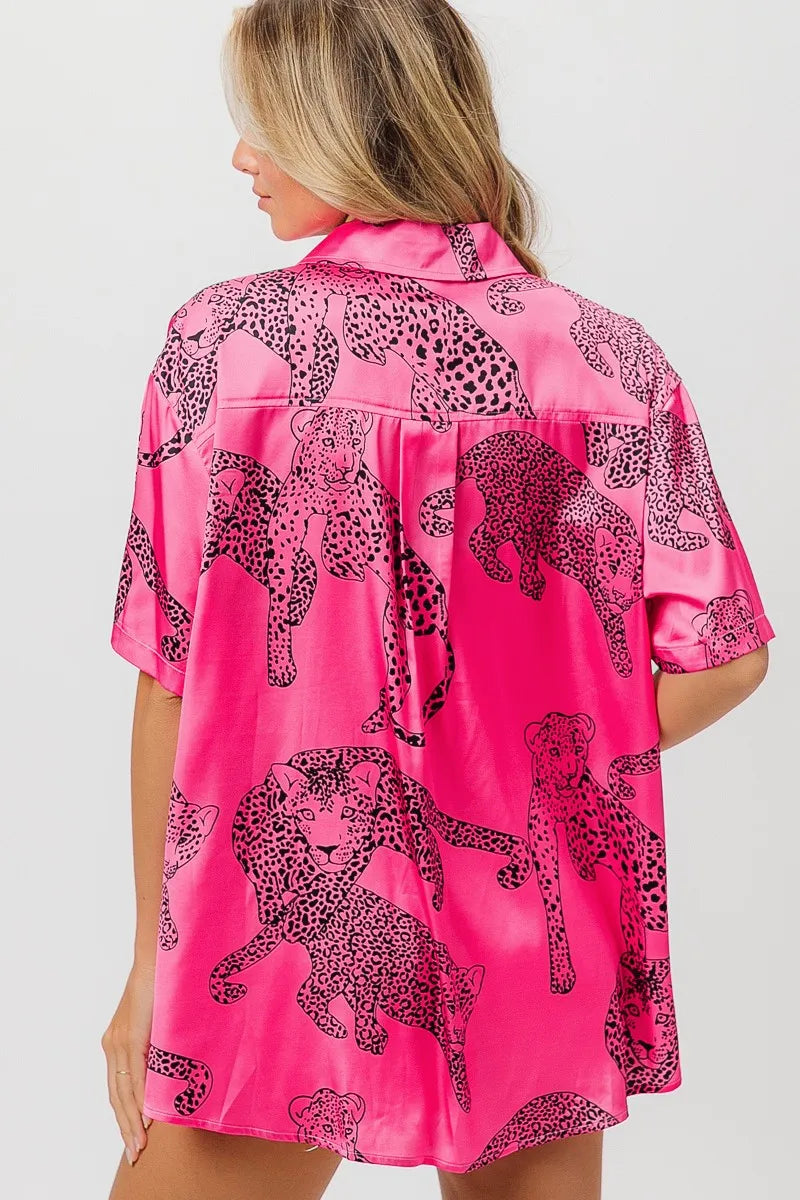 BiBi Leopard Print Short Sleeve Silky Satin Shirt Top for Women - Fashion Blouse for Casual Wear, Night Out & Office Outfits