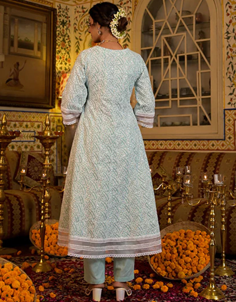 Anarkali Kurta Trouser With Dupatta Set - Pure Cotton Pista Green Indian Ethnic Wear for Women - Perfect for Festivals, Weddings & Cultural Events