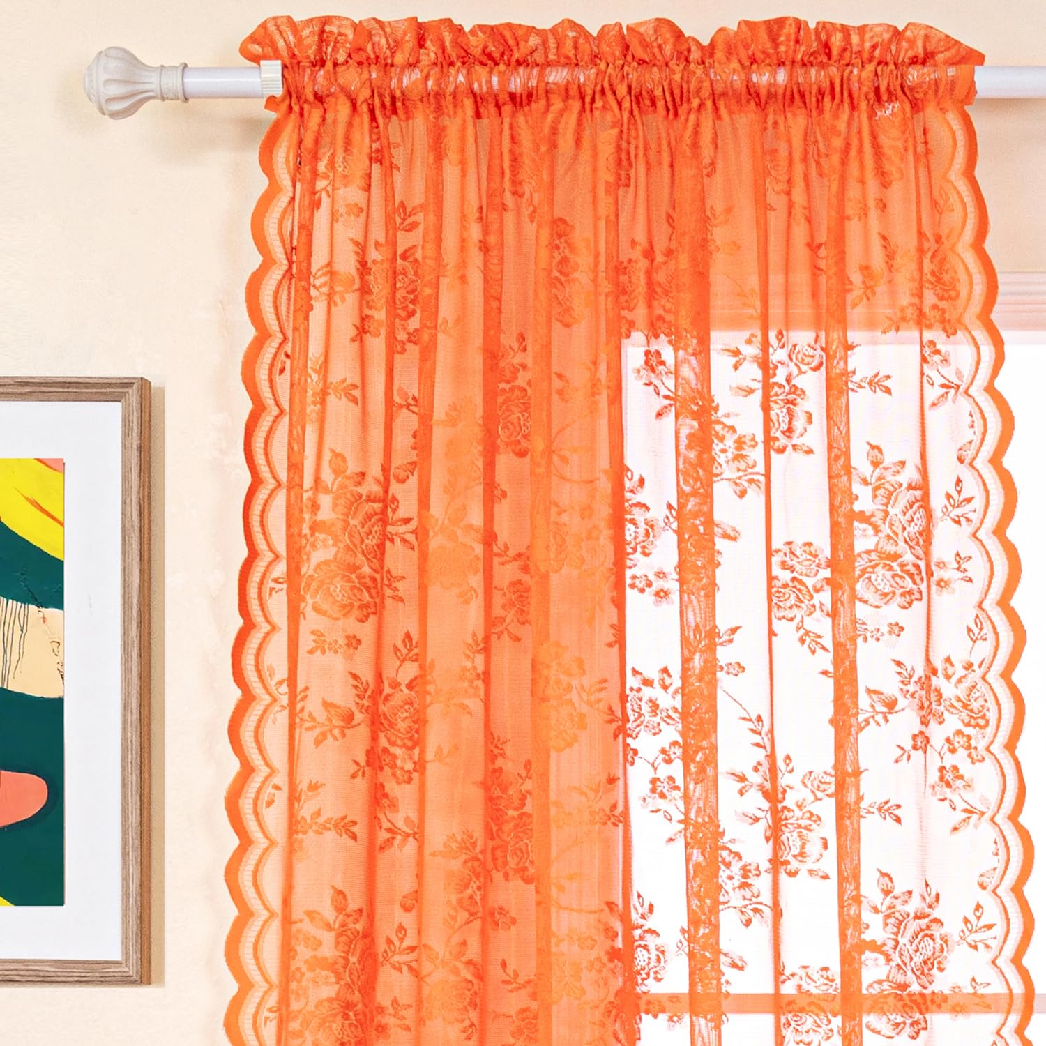 Burnt Orange Sheer Lace Curtains 52x45 Inch - 2 Panels, Rod Pocket Kitchen Window Curtains, Rustic Floral Design for Privacy & Style - Perfect for Country Homes, Bedrooms & Cozy Living Spaces