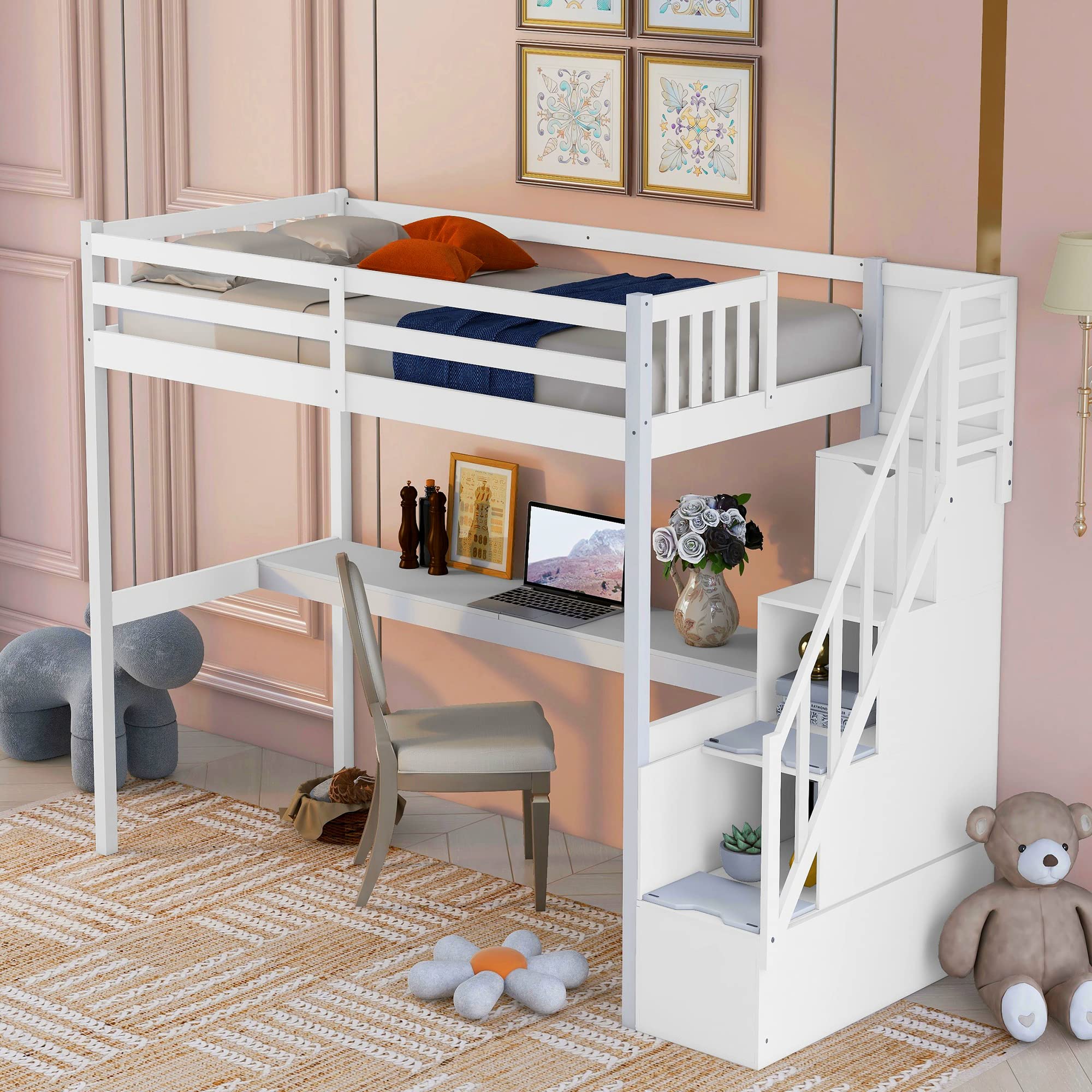 Harper & Bright Designs Twin Size Loft Bed with Stairs, Desk & Storage - Solid Wood High Loft Bed for Kids & Teens - No Box Spring Needed (White) - Perfect for Small Bedrooms, Dorm Rooms & Space-Saving Kids' Rooms