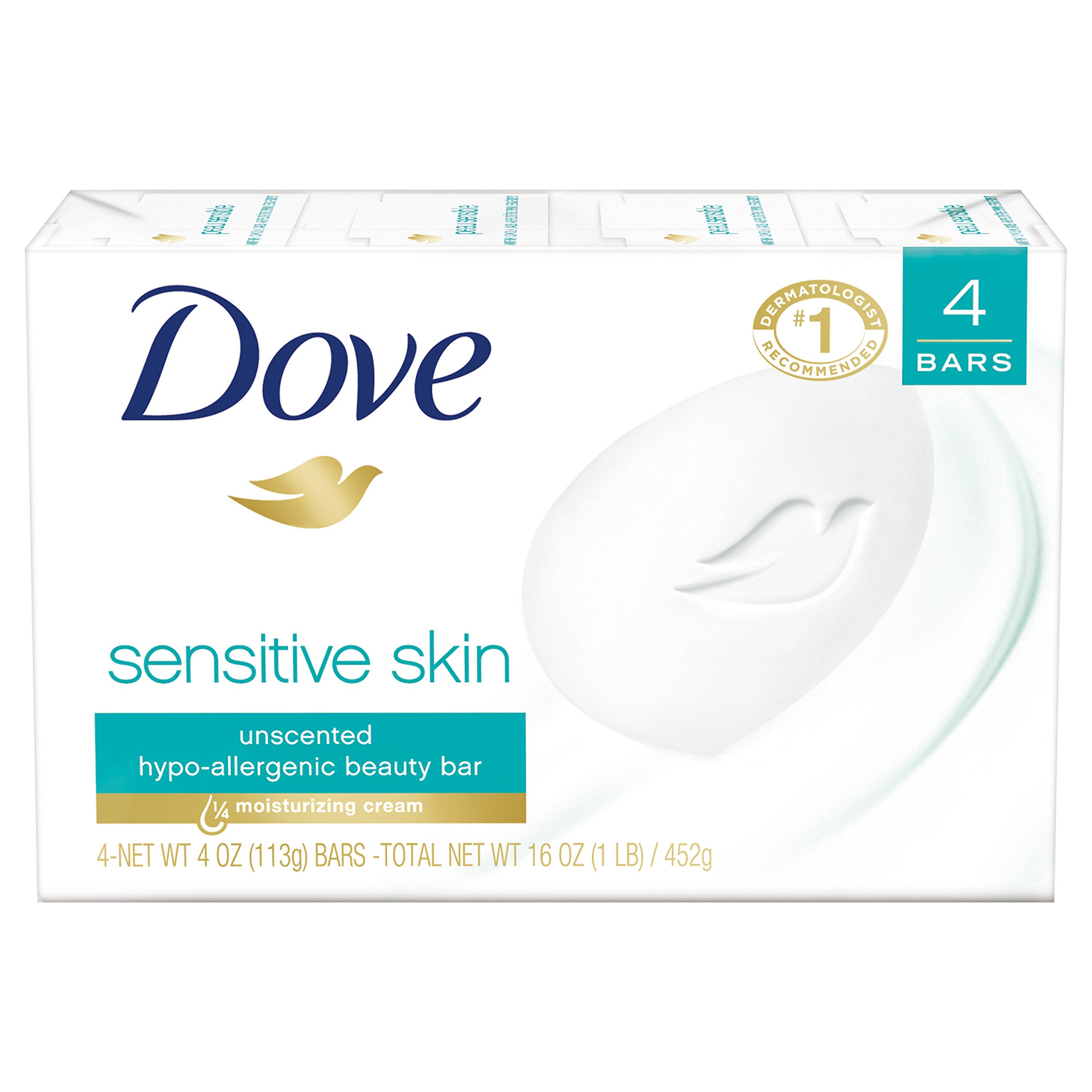 Dove Sensitive Skin Beauty Bar Soap - 4 oz (14 Bars) | Hypoallergenic, Fragrance-Free, Moisturizing for Dry & Sensitive Skin | Gentle Cleansing for Face & Body, Daily Skincare Routine