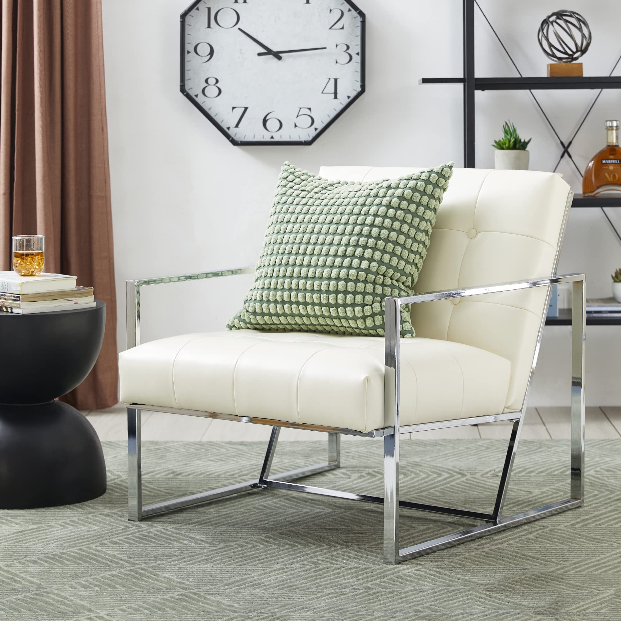 Glitzhome Mid Century Modern Accent Chair - Durable Metal Frame & PU Leather Cushioned Armchair for Living Room, Bedroom, Home Office - Off White | Perfect for Reading Nooks, Lounge Areas & Contemporary Decor
