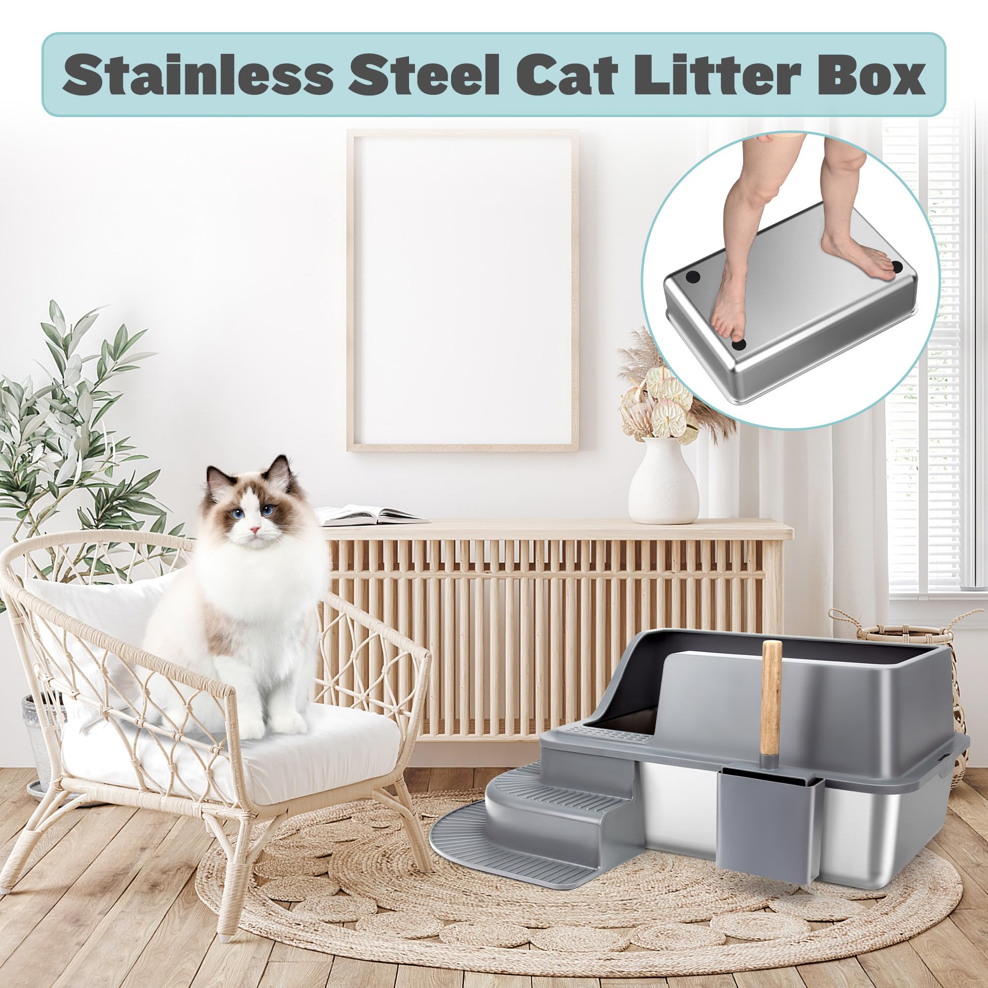 Stainless Steel Cat Litter Box with Steps - XL Size for Large Cats