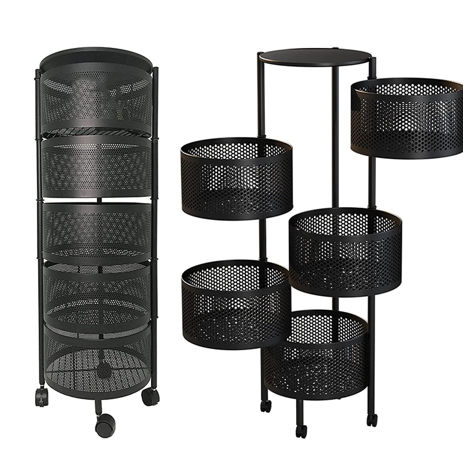 Rotating Kitchen Storage Rack - 5-Tier Black Organizer for Fruits, Vegetables & Household Items - Perfect for Kitchen, Living Room & Bathroom