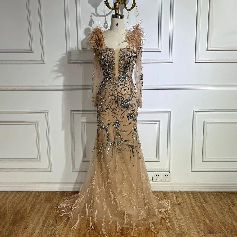 Luxury Dubai Nude One Shoulder Beaded Feather Mermaid Evening Dress for Women - Wedding, Party, Prom & Special Occasion Gowns - Elegant Formal Gown LA72508