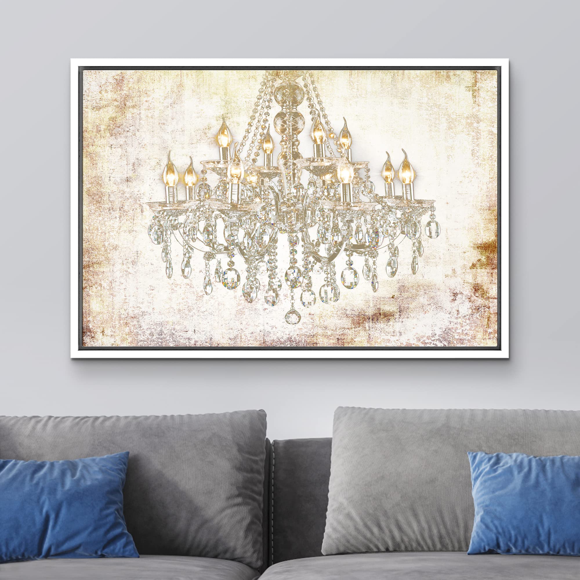 Wall26 Framed Canvas Print - Crystal Chandelier on Grunge Background Modern Art Wall Decor, 24x36 Inches, White Frame - Perfect for Living Room, Bedroom & Office Decor | Digital Art Print for Relaxing & Calming Atmosphere