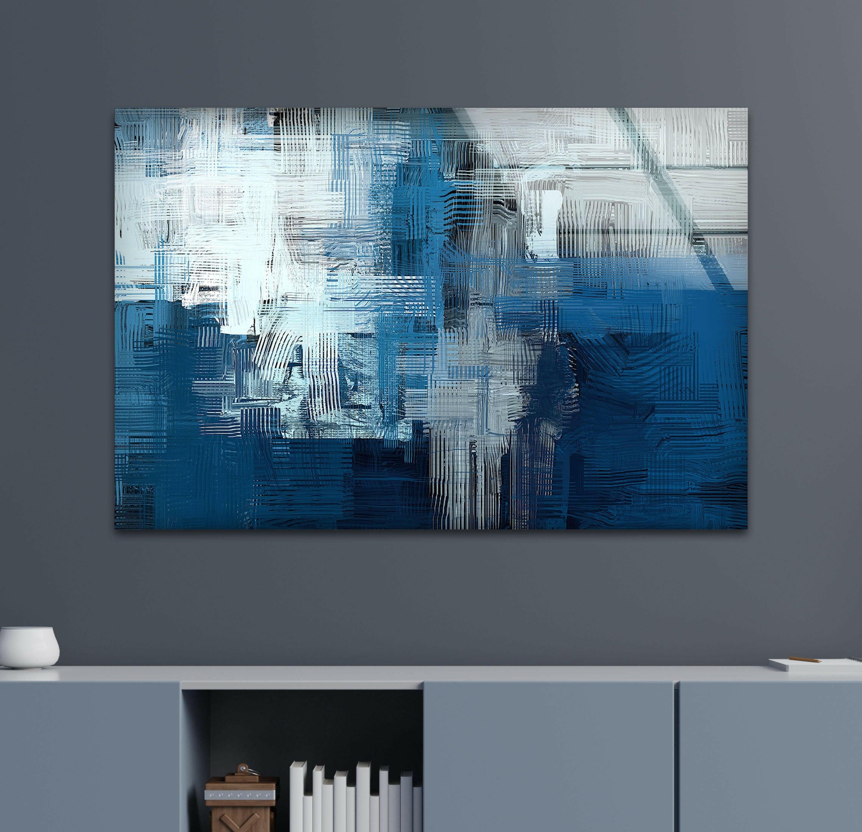 Blue Ink Abstract Glass Wall Art - Modern Handmade Glass Painting for Home & Office Decor - Perfect for Living Room, Bedroom, or Office Wall Decor