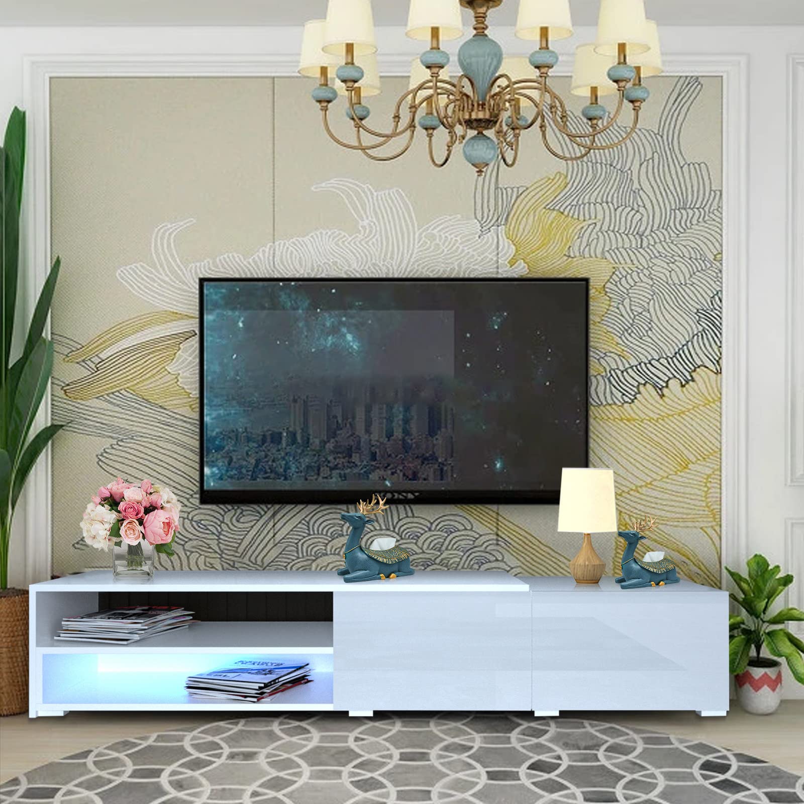 Modern White High-Gloss LED TV Stand for 32-55 Inch TVs - Slim TV Cabinet with Sexy Legs & Open Storage (168x42x32cm) - Perfect for Living Room, Bedroom & Home Theater Setup
