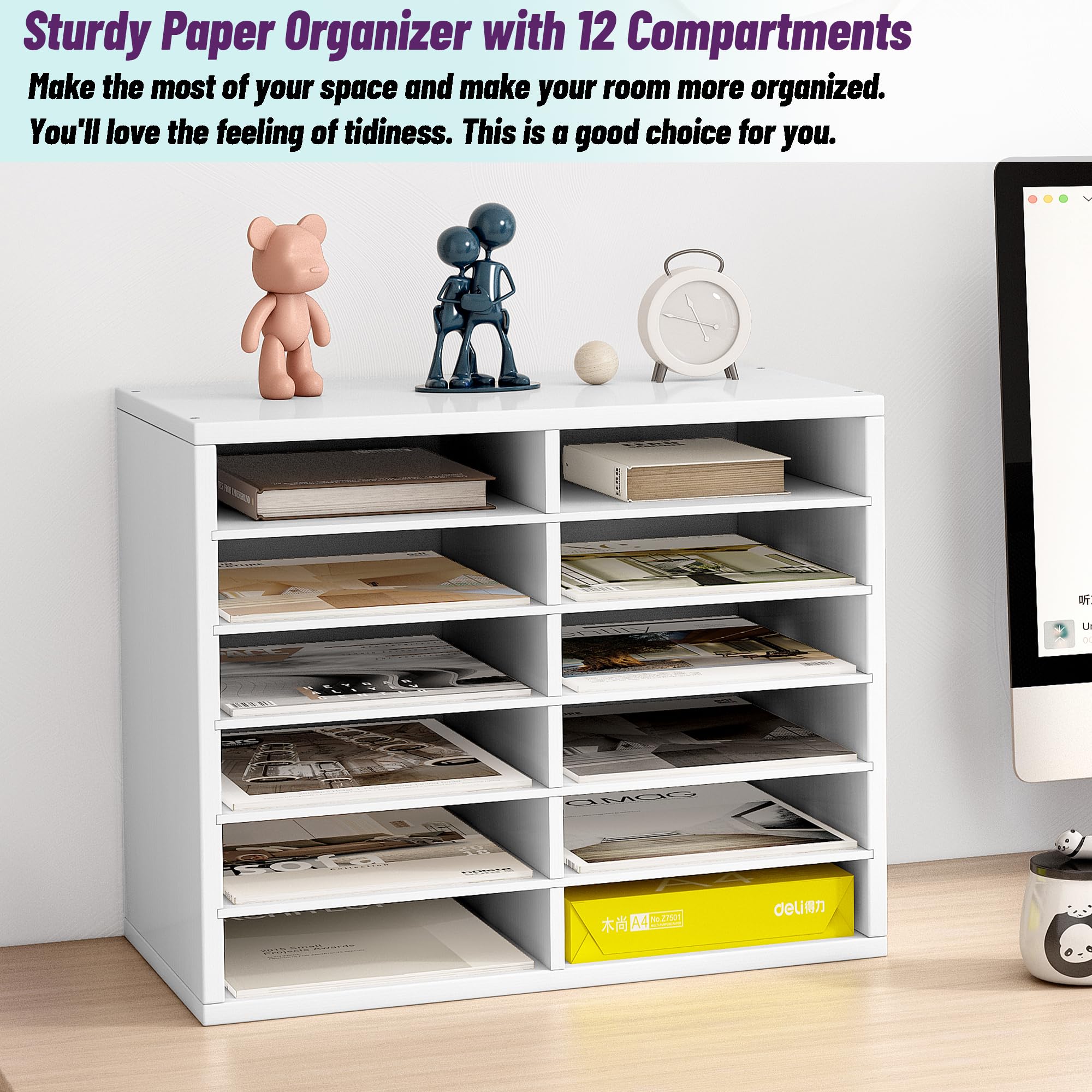 12-Drawer Wooden Desk Organizer with Adjustable Shelves - Office File Storage, Wrapping Paper Organizer & Document Holder for Home, Classroom or Workspace - White (Perfect for Decluttering Desks, Organizing Supplies & Storing Important Files)