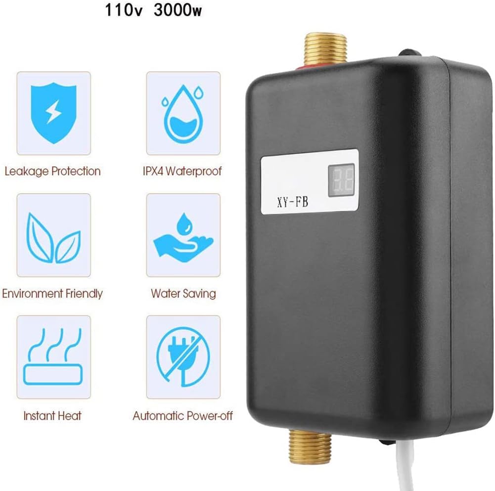 Krisy 110V 3000W Mini Electric Tankless Water Heater - Instant Hot Water for Bathroom, Kitchen & Washing - Energy Efficient, Compact Design with US Plug (Black) - Perfect for Small Homes, Apartments & RV Use