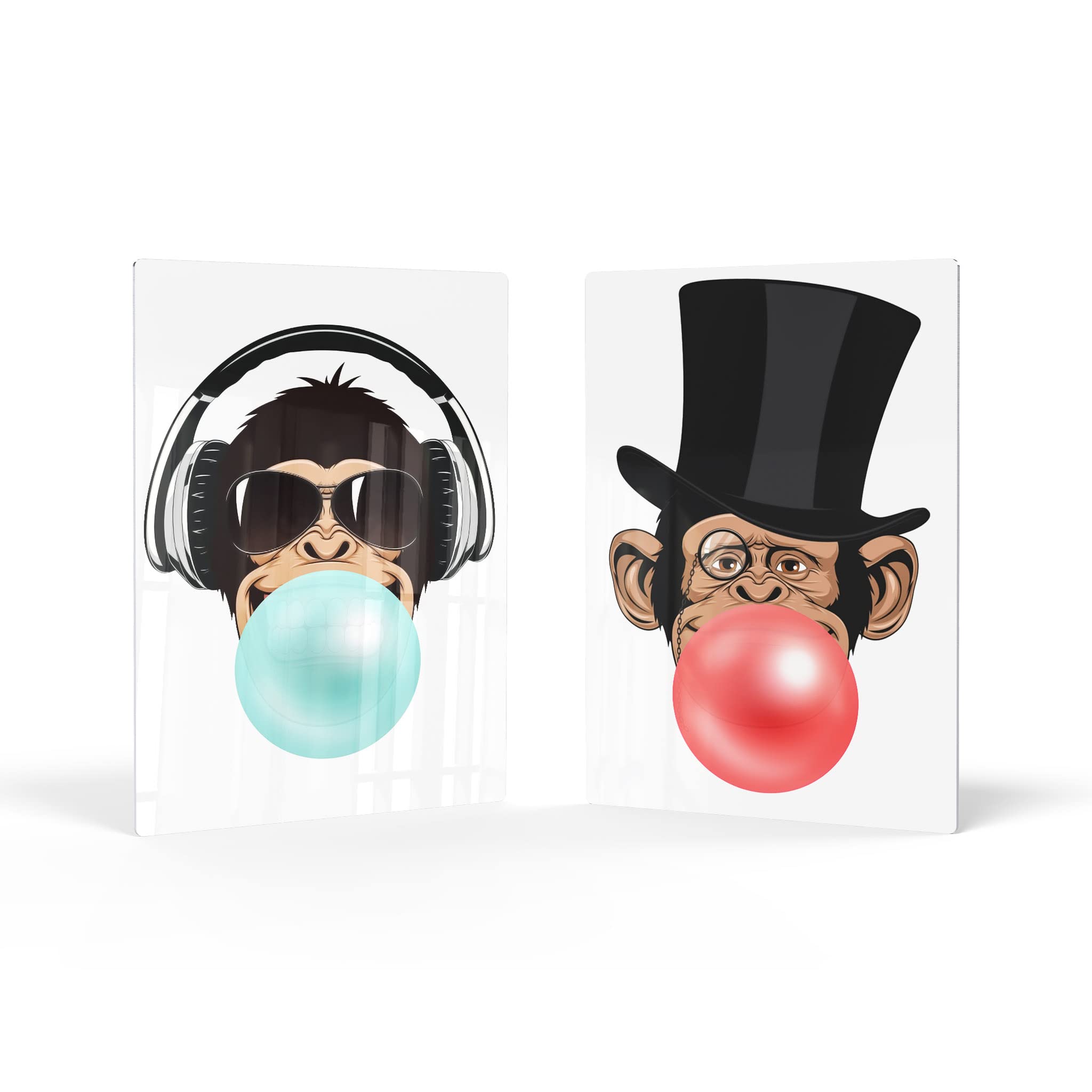 Funny Monkeys DJ & Senior Animal Bubble Gum Art - 2 Panel Metal Print Set in Red & Blue | Chewing Gum Wall Decor for Kids Room, Nursery, Home | Ready to Hang, Made in USA (17x11) - Perfect for Playrooms, Teen Bedrooms & Unique Gift Ideas