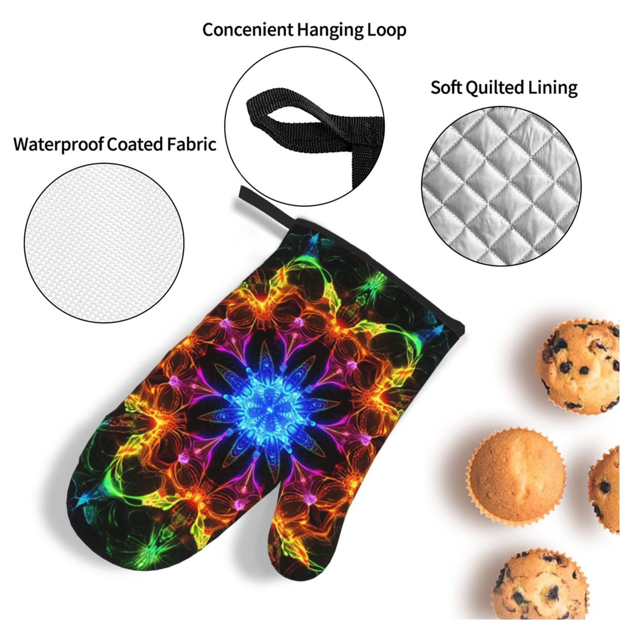 Vintage Neon Mandala Oven Mitts and Pot Holders Set of 4 - Heat Resistant Non-Slip Kitchen Gloves for Baking, Grilling, BBQ & Cooking | Perfect for Home Chefs & Holiday Gifts
