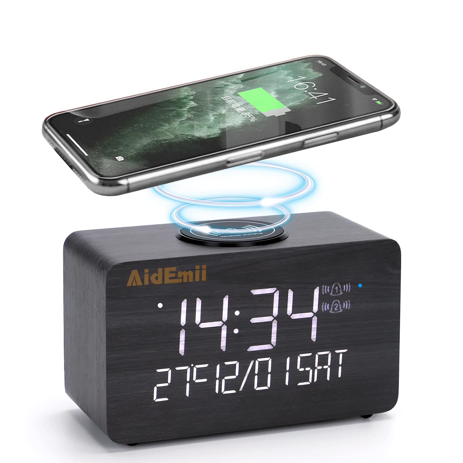 AidEmii Digital Alarm Clock with 10W Fast Wireless Charging, 7-Level Brightness Adjustable, Snooze & Sound Control - LED Display Time & Temperature - Wooden Electronic Clock for Bedroom, Office, Nightstand (Ideal for Home, Travel, Gift)
