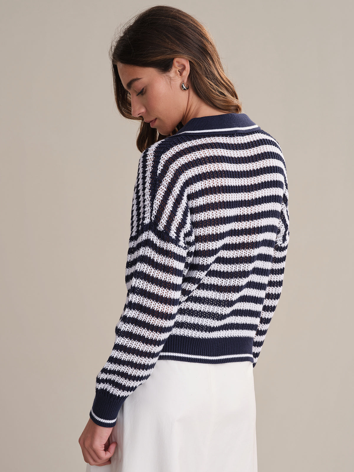Kimberly Women's Stripe Open Stitch Polo Sweater - Casual Knit Top for Work, Office & Everyday Wear