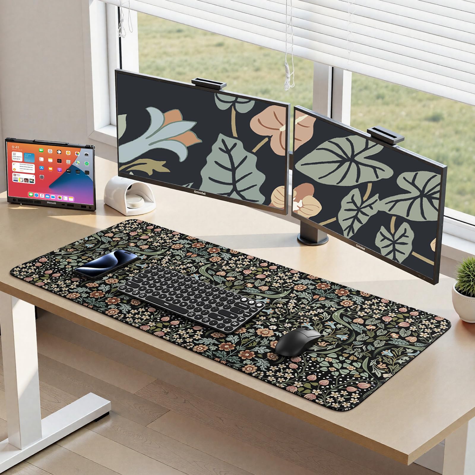 HAOCOO XXL Non-Slip Desk Mat with Stitched Edge - Extra Large Keyboard and Mouse Pad for Office & Gaming, Floral Design (Black) - Perfect for Workstations, Home Offices, and PC Gaming Setups