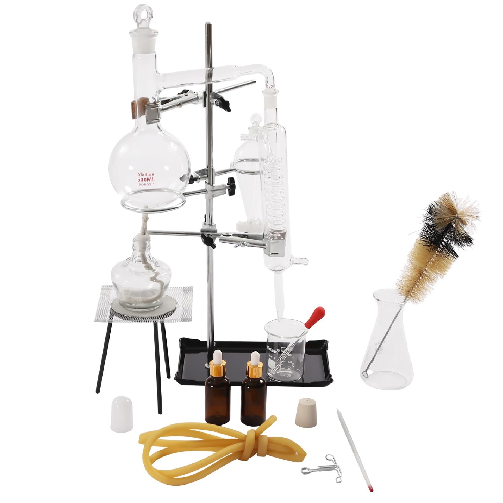 500ml Lab Glassware Distillation Kit - Steam Water & Alcohol Distiller, Organic Chemistry Purifier Equipment for Home & Lab Use | Perfect for Essential Oil Extraction, Chemistry Experiments & DIY Distilling