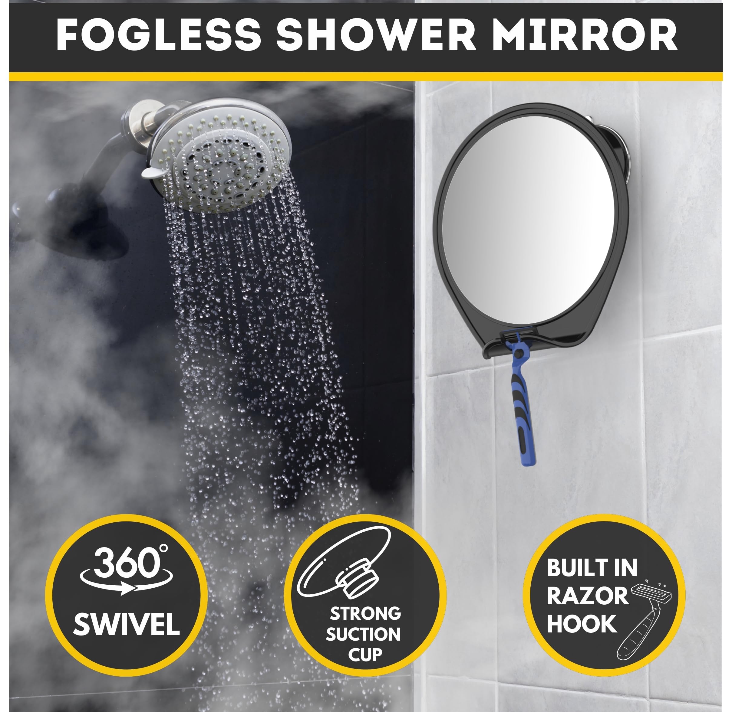 HONEYBULL Fogless Shower Mirror with Suction Cup & Razor Holder - Anti-Fog Bathroom Mirror for Shaving, Grooming & Makeup - Perfect Shower Accessory for Men & Women (Black)