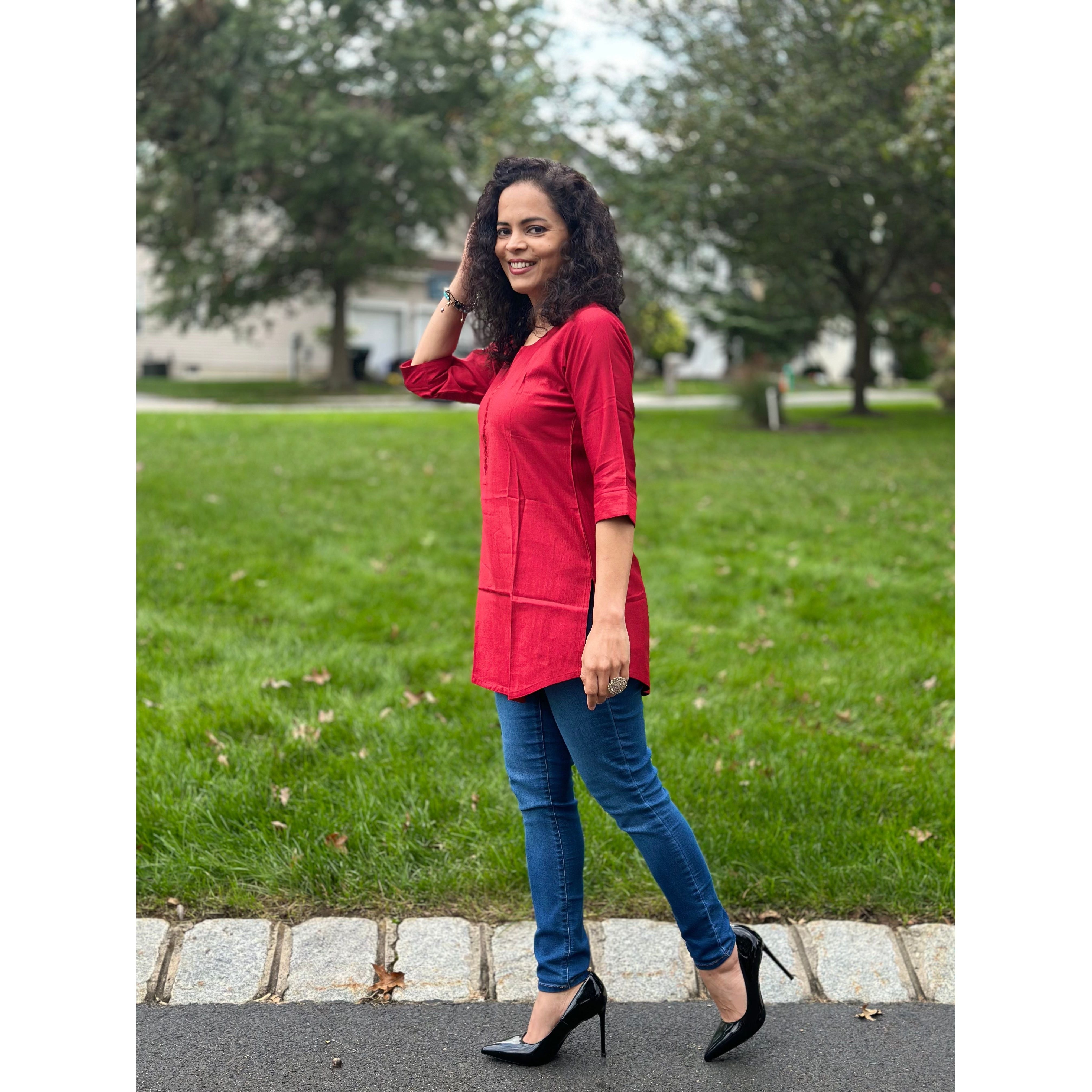 Stylish Red Short Kurti for Women - Trendy Cotton Casual Wear for Summer & Festivals | Perfect for Parties, Outings & Daily Comfort