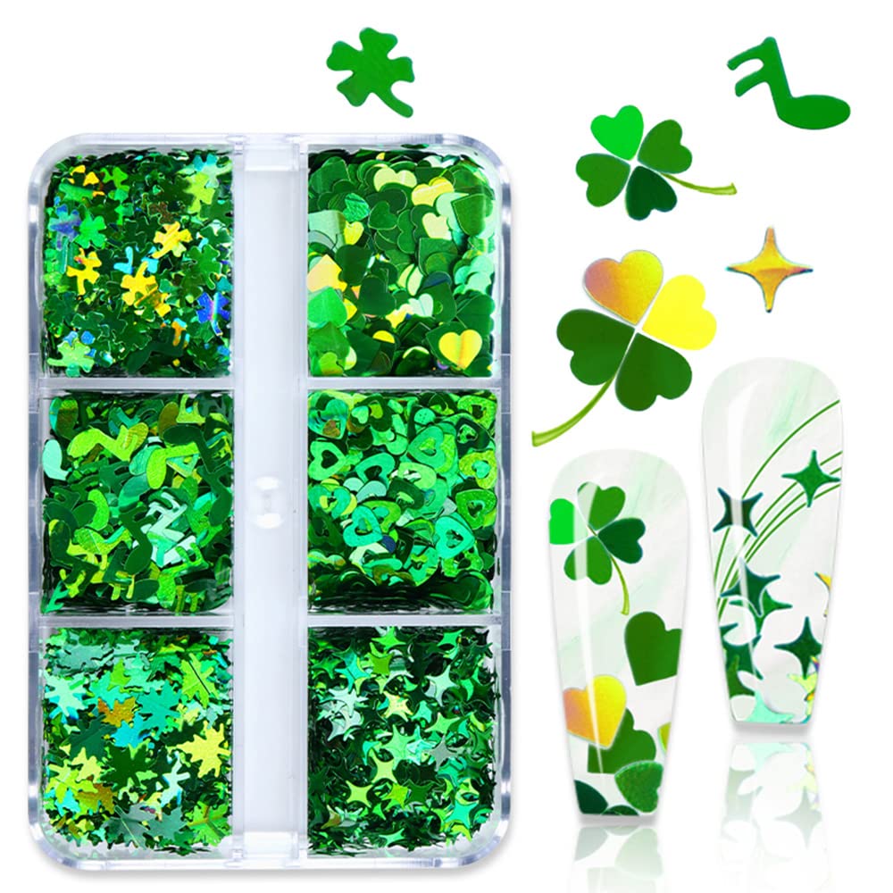 St. Patrick's Day Nail Art Glitters - Green Clover Nail Decals, 3D Holographic Shamrock & Heart Leaf Designs for Acrylic Nails, Manicure Tips & Nail Art Supplies | Perfect for St. Patrick's Day Parties, Nail Salons & DIY Nail Decorations