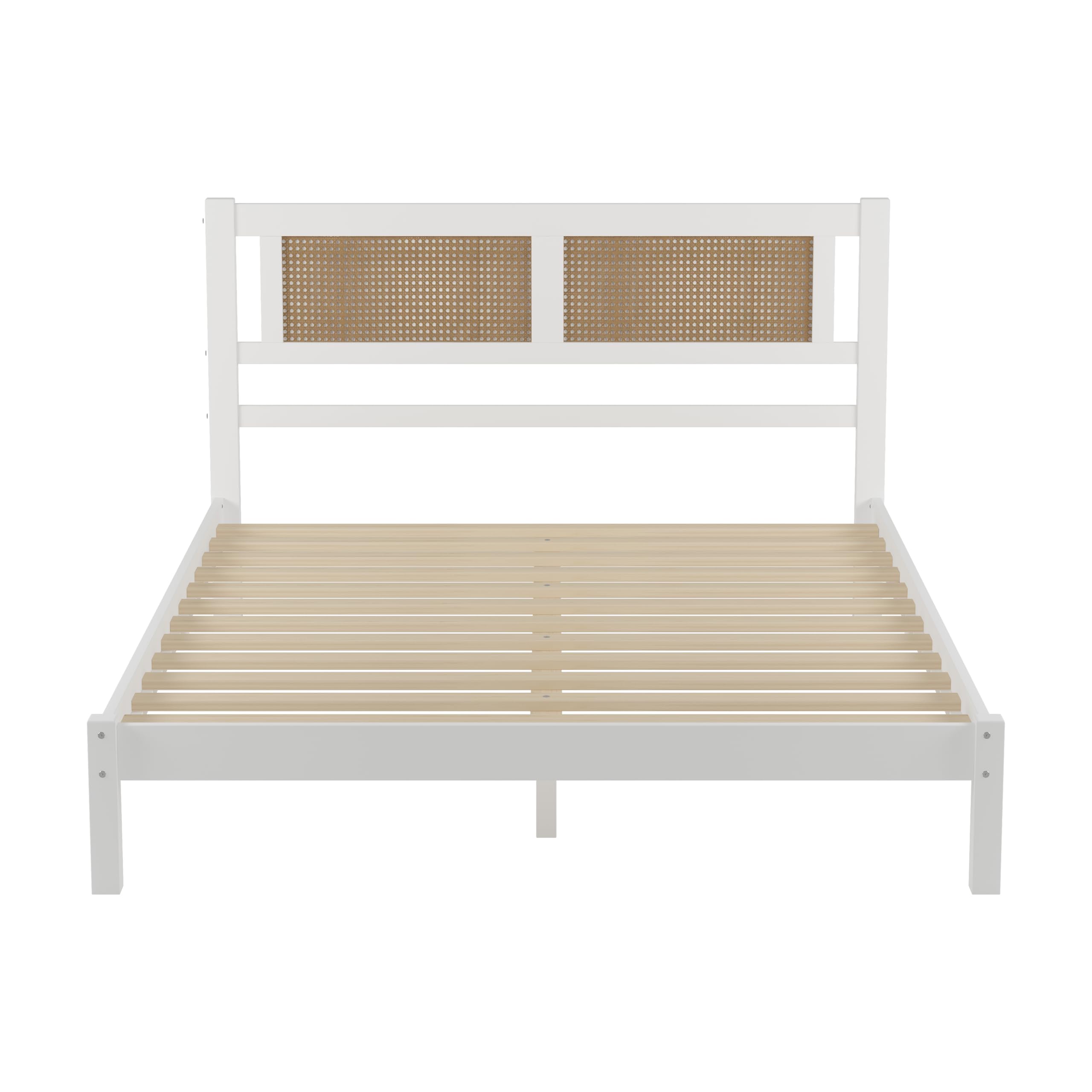 3-Piece Rattan Bedroom Set with Queen Size Platform Bed & 2 Nightstands - Natural Woven Headboard, 3-Drawer Storage - White Bedroom Furniture for Master Bedroom, Guest Room & Cozy Home Decor