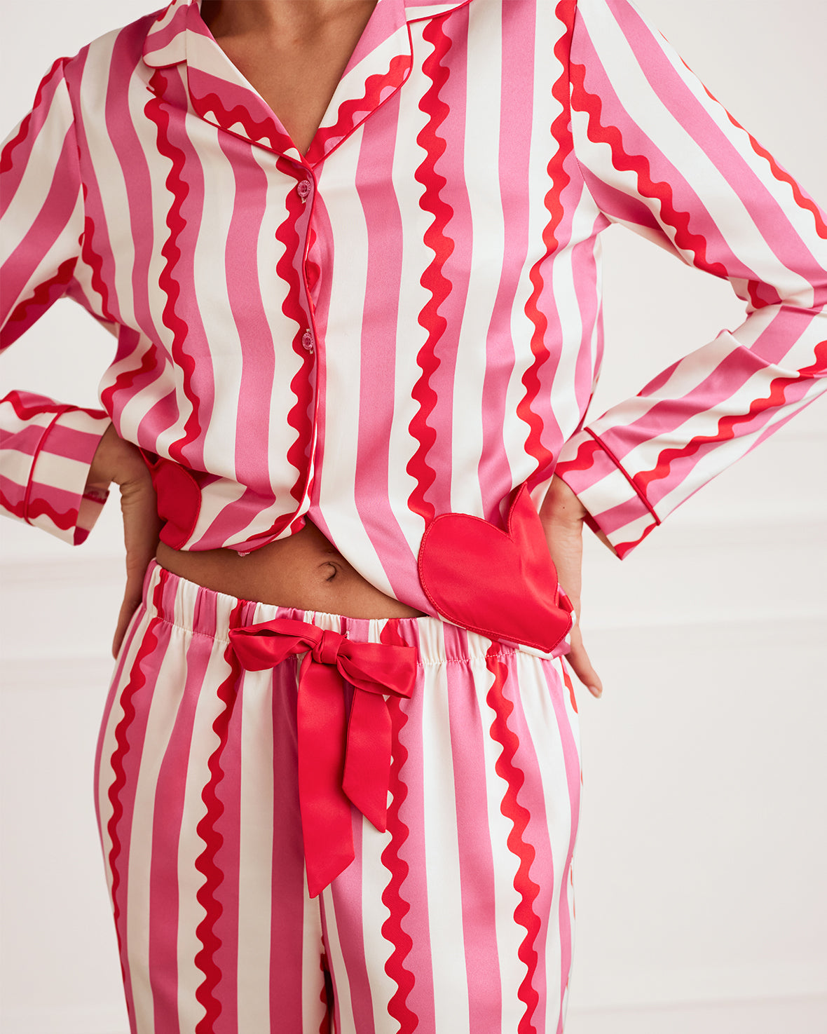 Satin Heart Pocket Striped Long Pajama Set for Women - Soft & Comfortable Sleepwear for Nighttime & Lounging - Valentine's Day Gift Idea